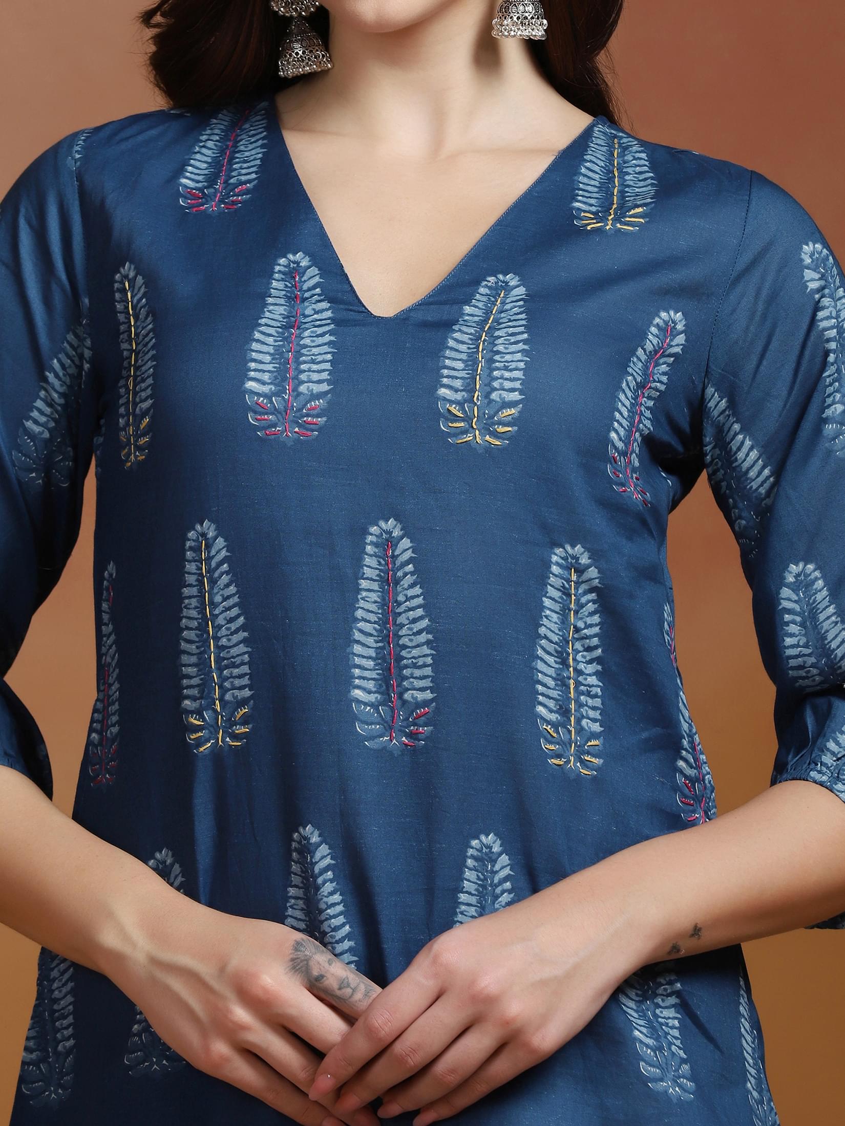 Women Cotton Blue Printed Dress.