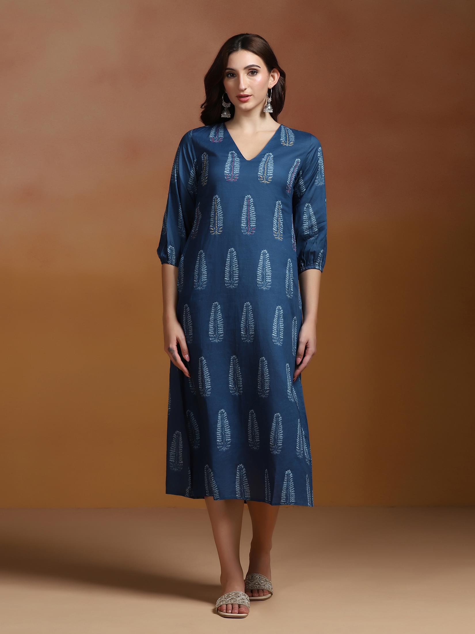 Women Cotton Blue Printed Dress.