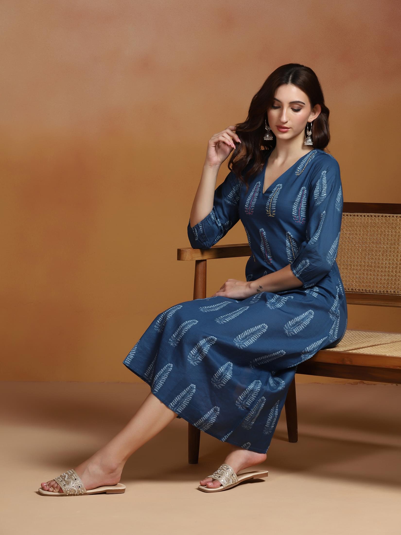 Women Cotton Blue Printed Dress.