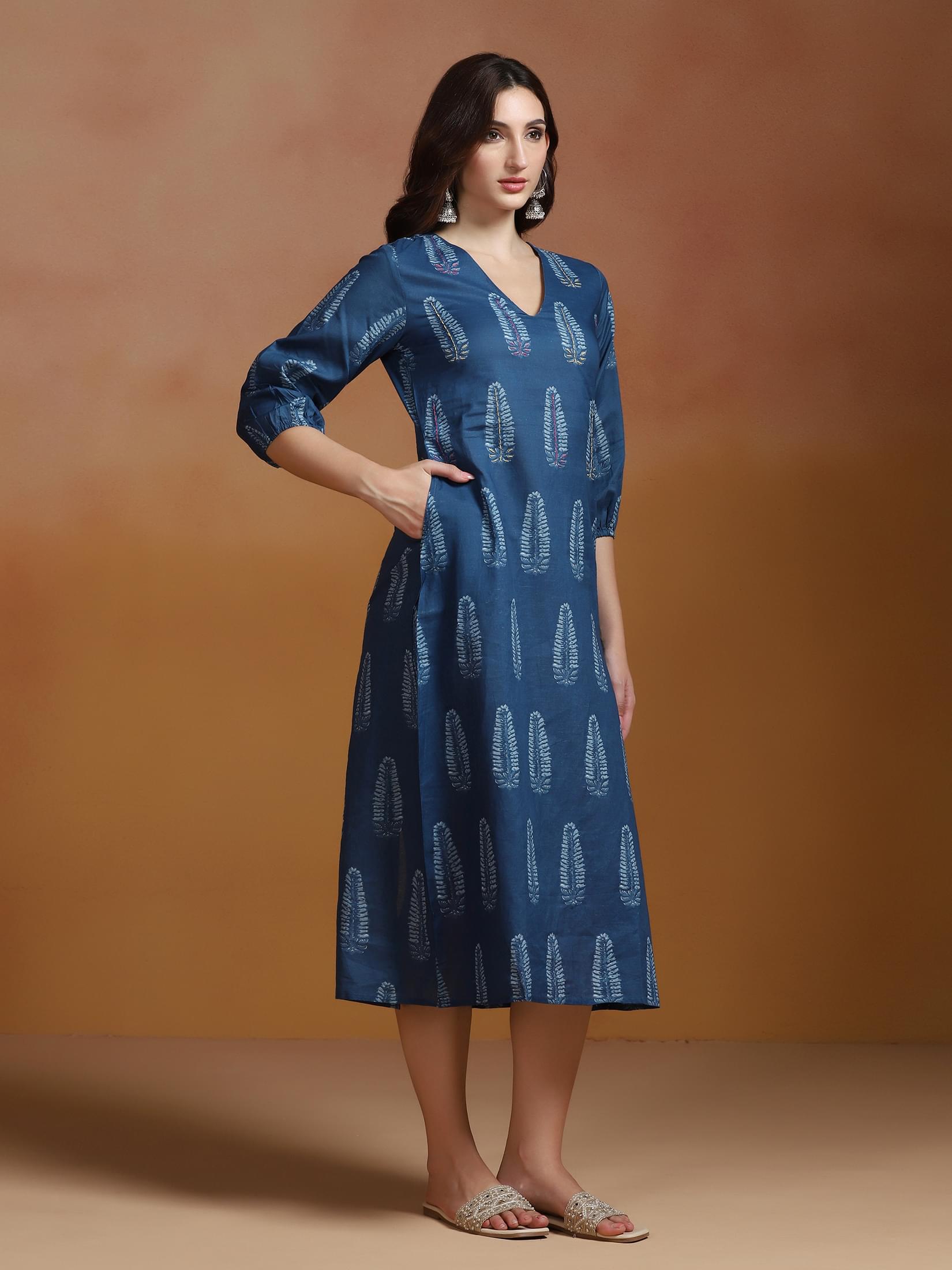 Women Cotton Blue Printed Dress.
