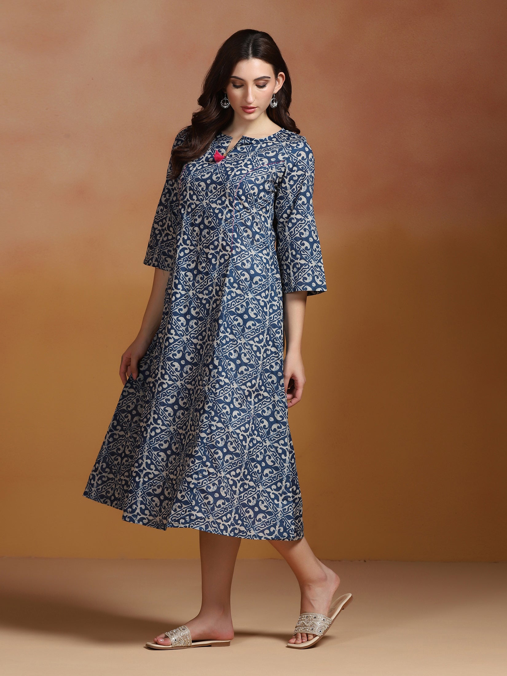 Women Indigo Cotton Printed Dress