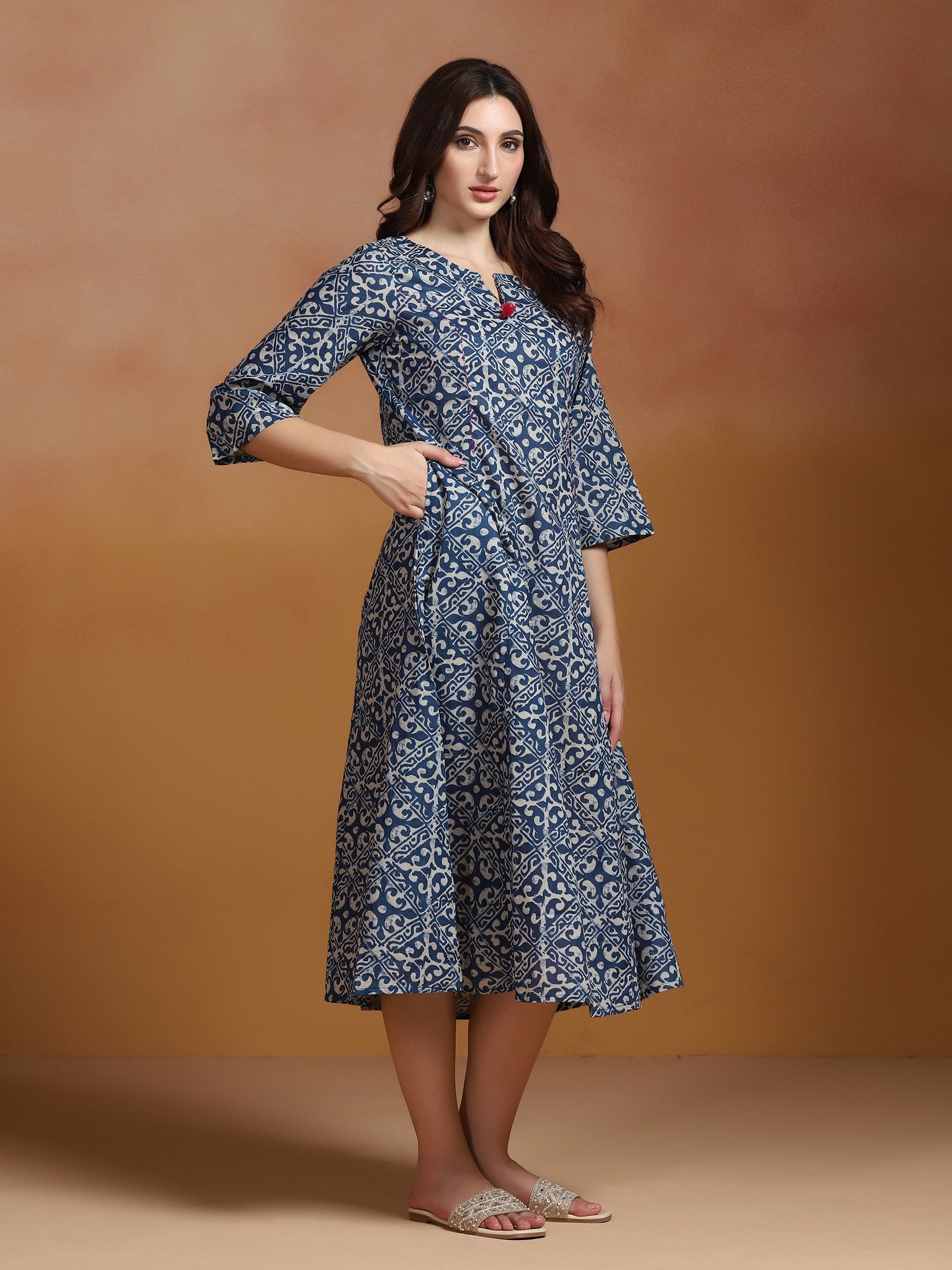 Women Indigo Cotton Printed Dress