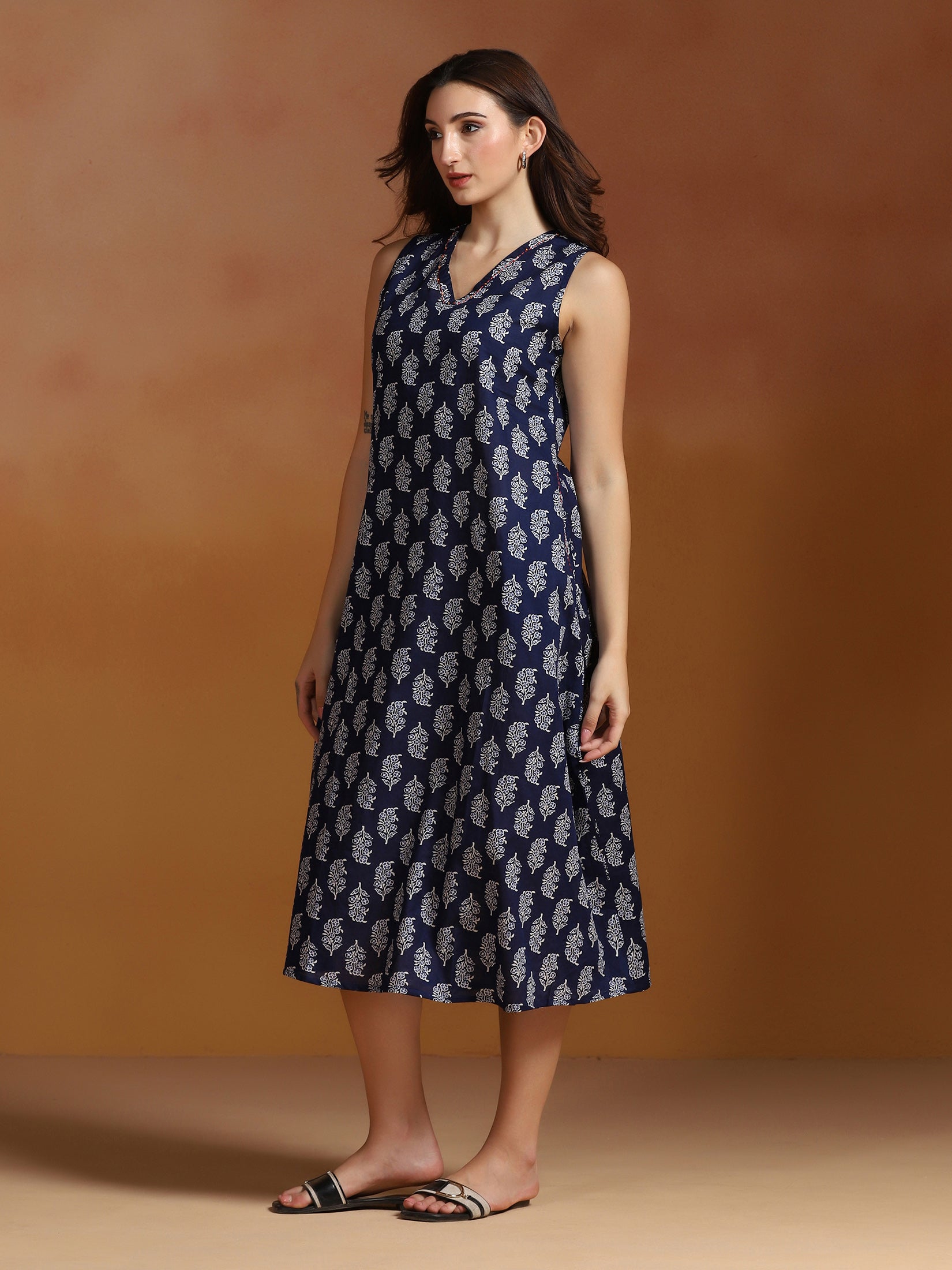 Women Cotton Indigo Printed Dress