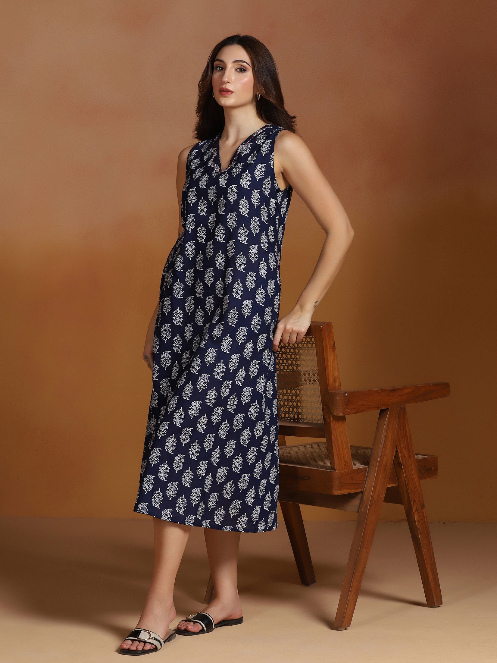 Women Cotton Indigo Printed Dress
