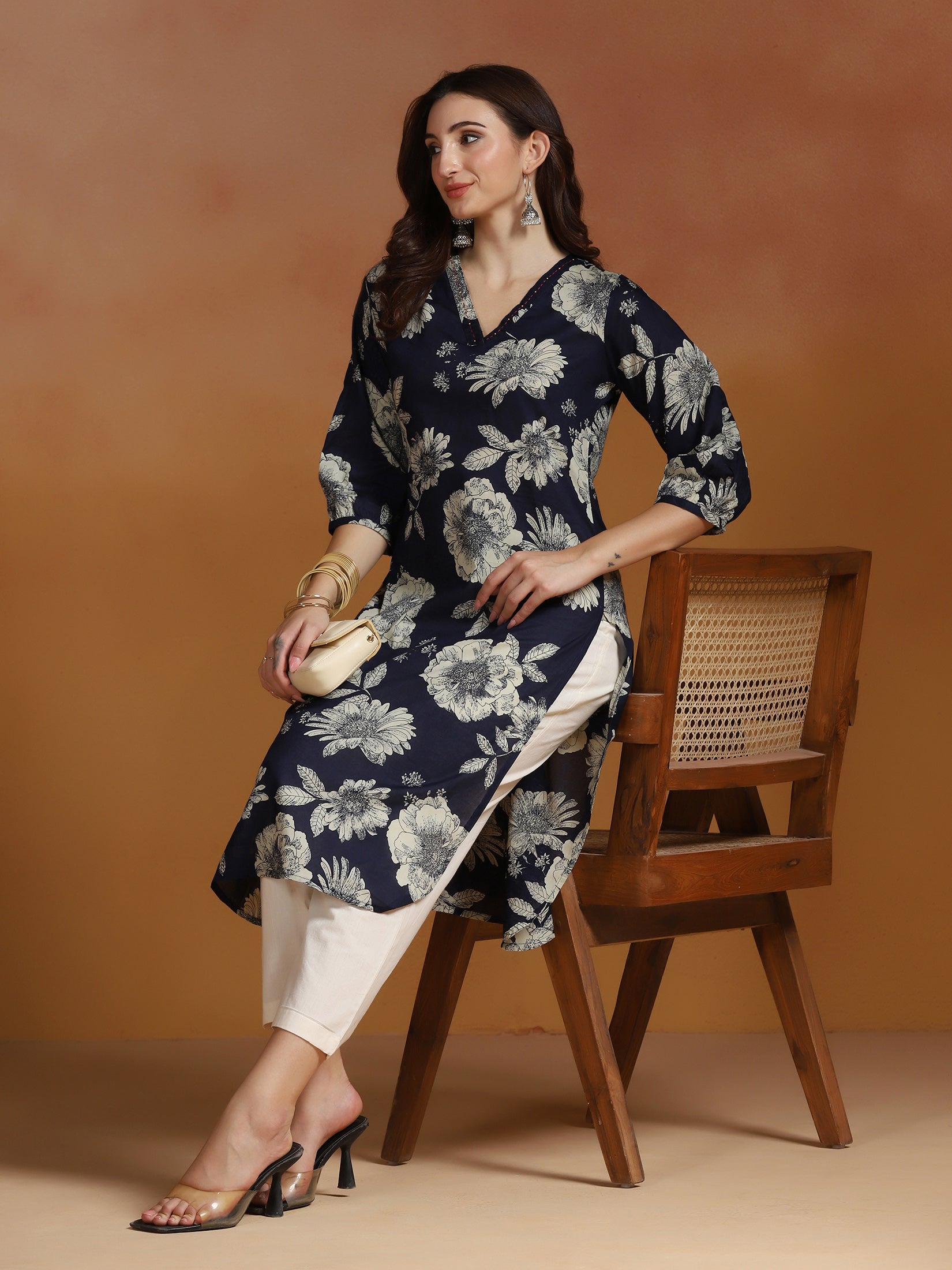Women Cotton Navy Blue Printed Kurta