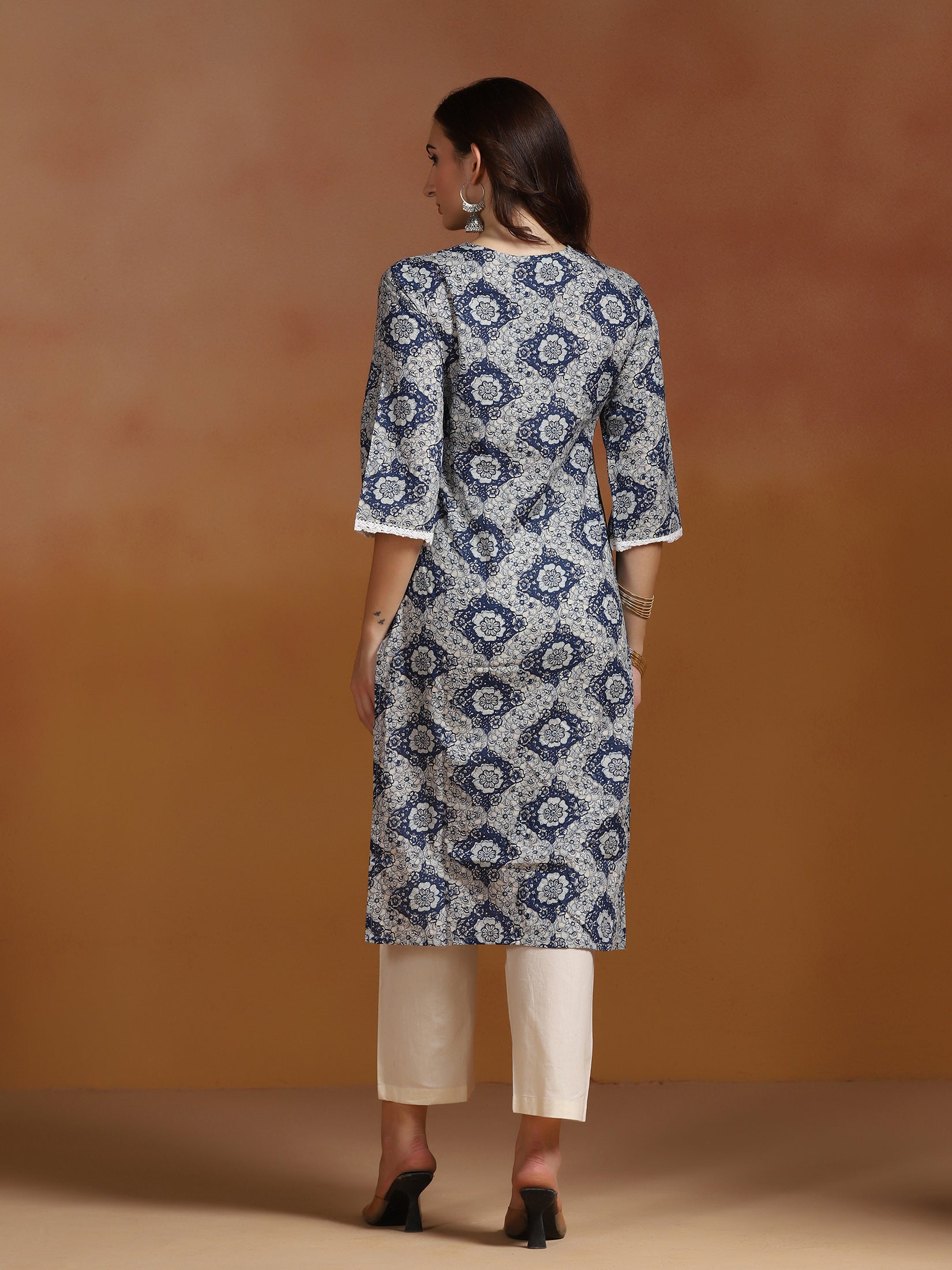 Women Cotton Blue Printed Kurta