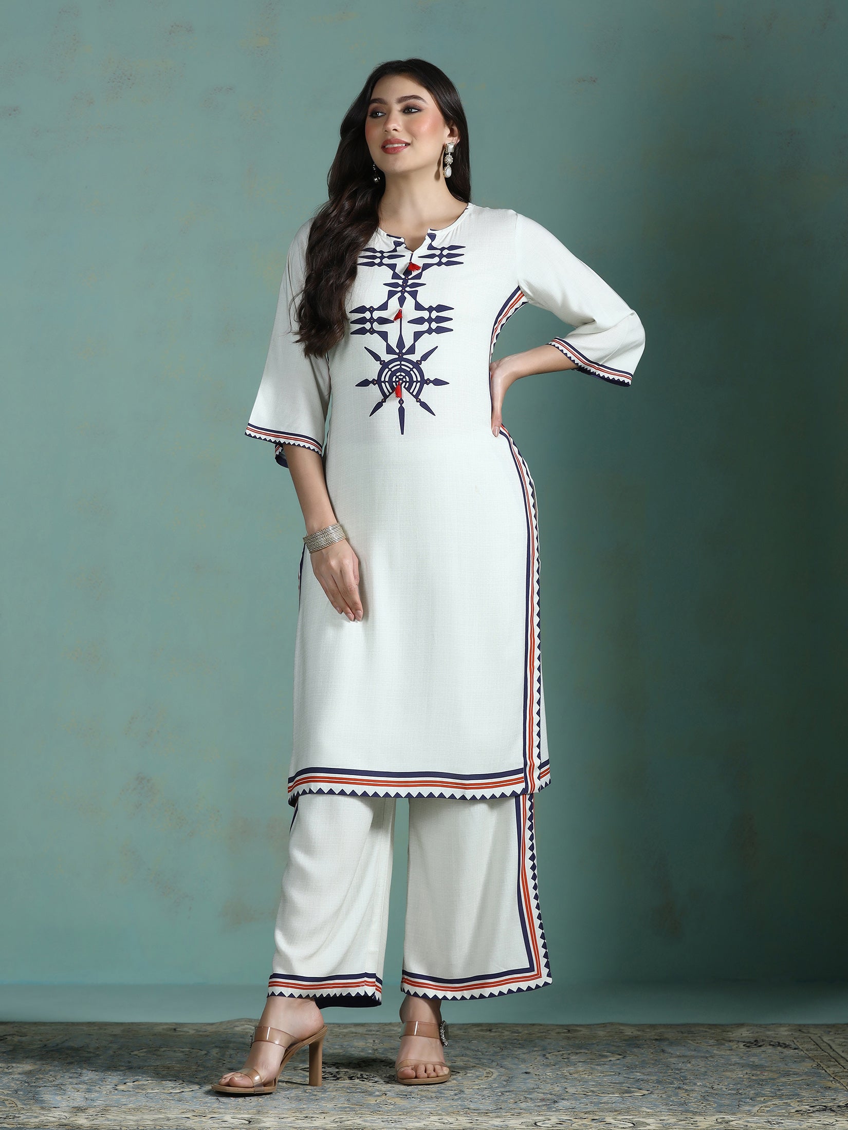 Women Liva Cream Printed Kurta With Comfort Pant