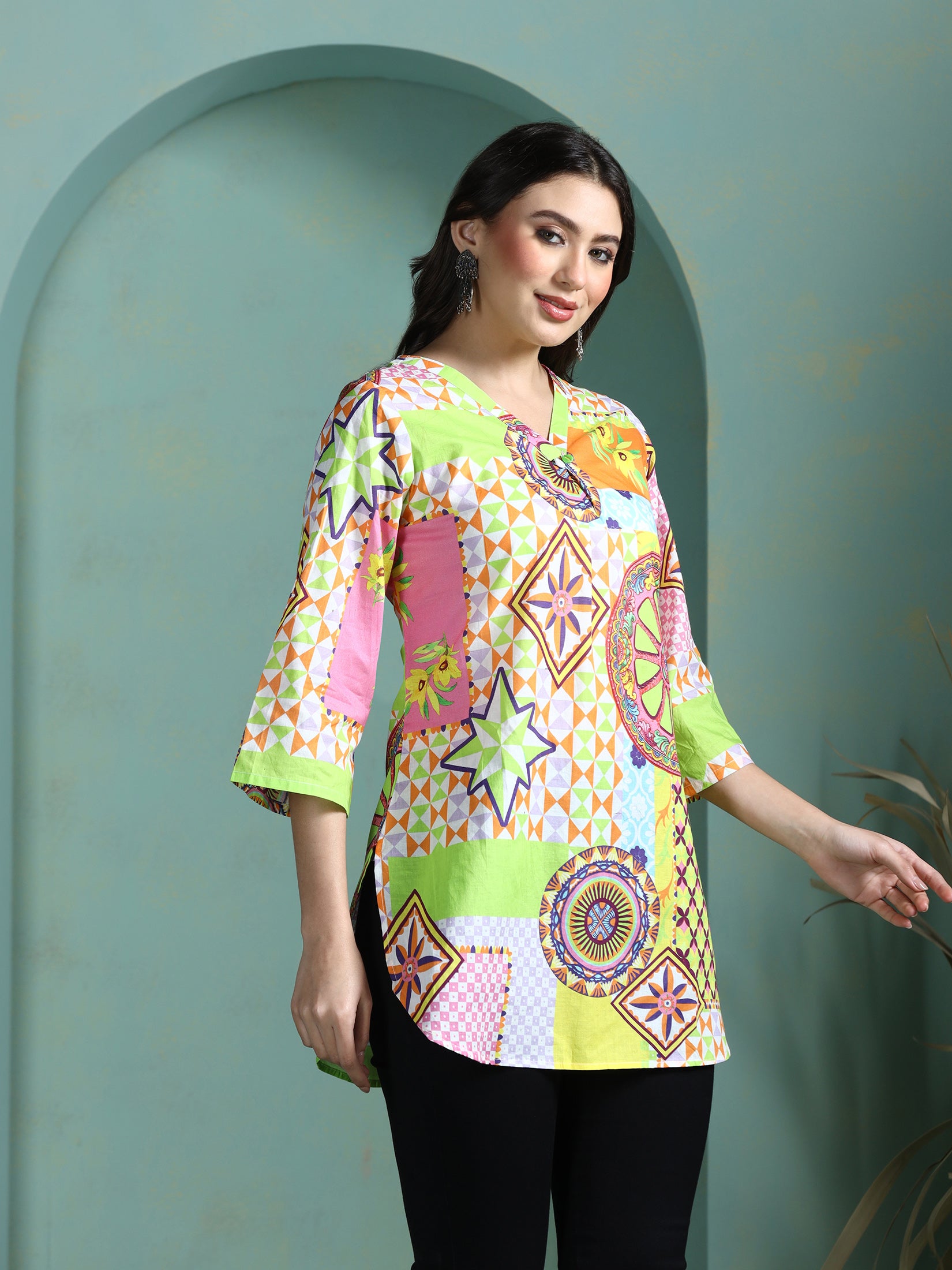 Women Cotton Multicolor Printed Tunic