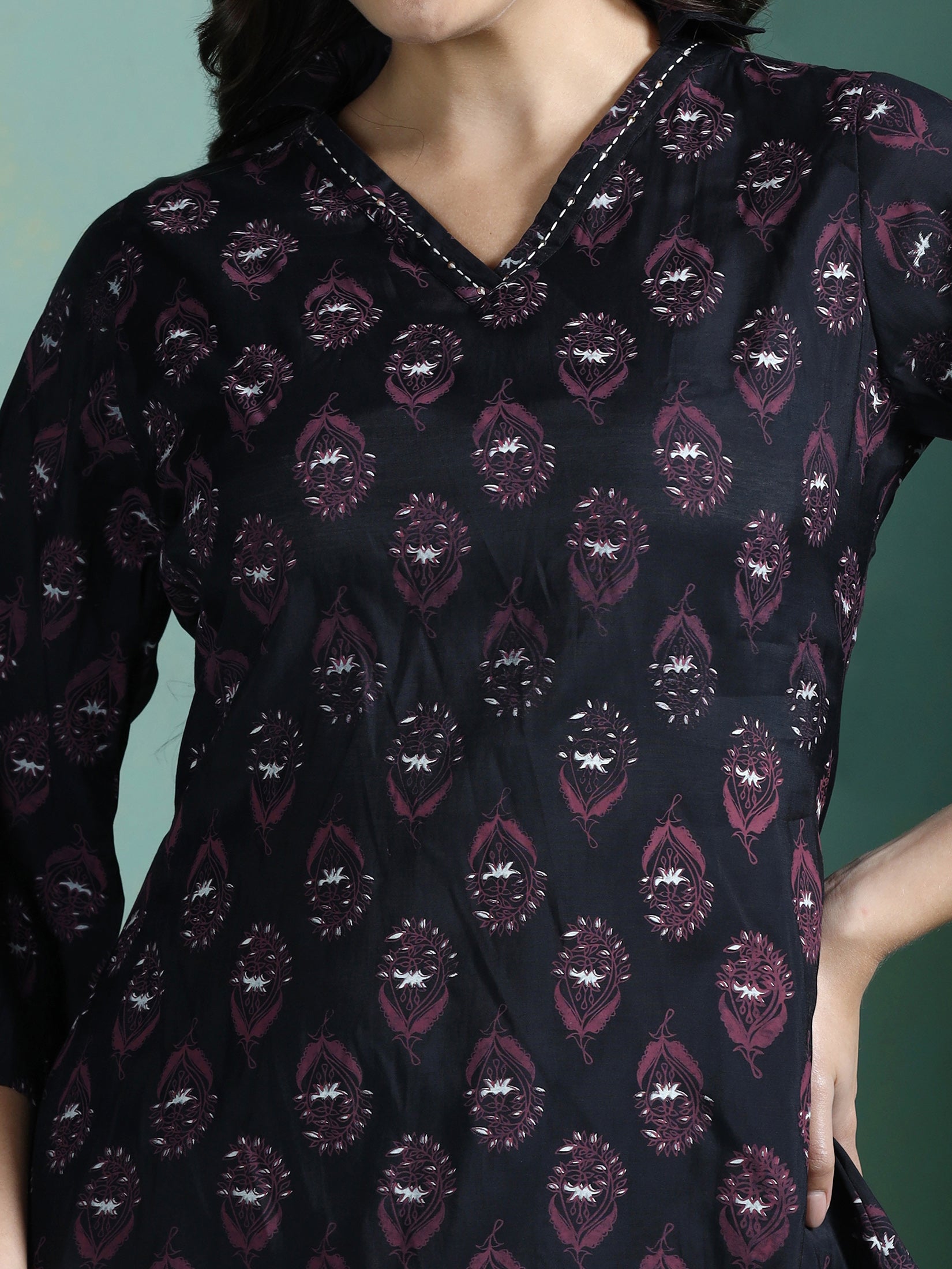 Women Chanderi Black Printed Tunic