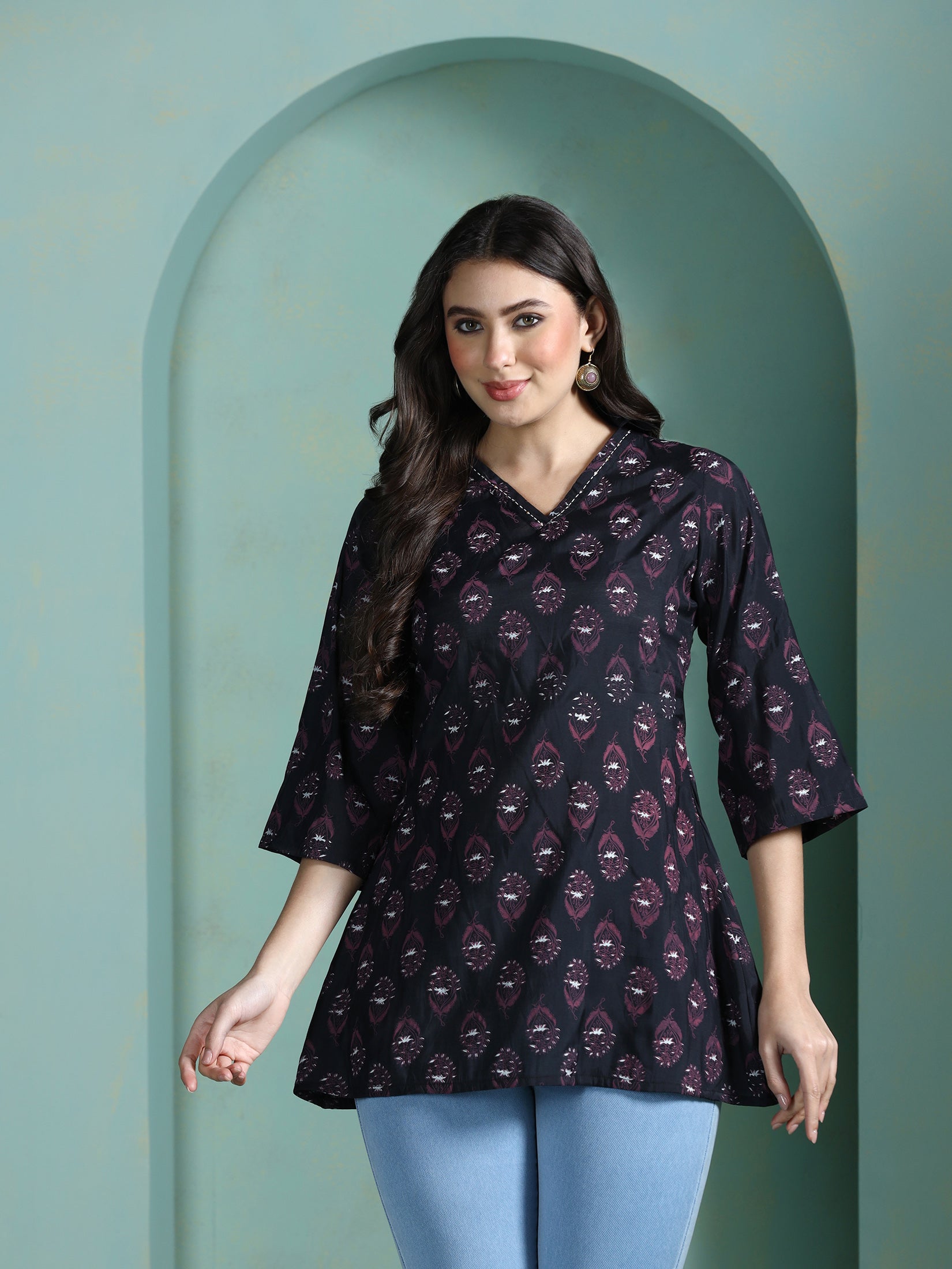 Women Chanderi Black Printed Tunic