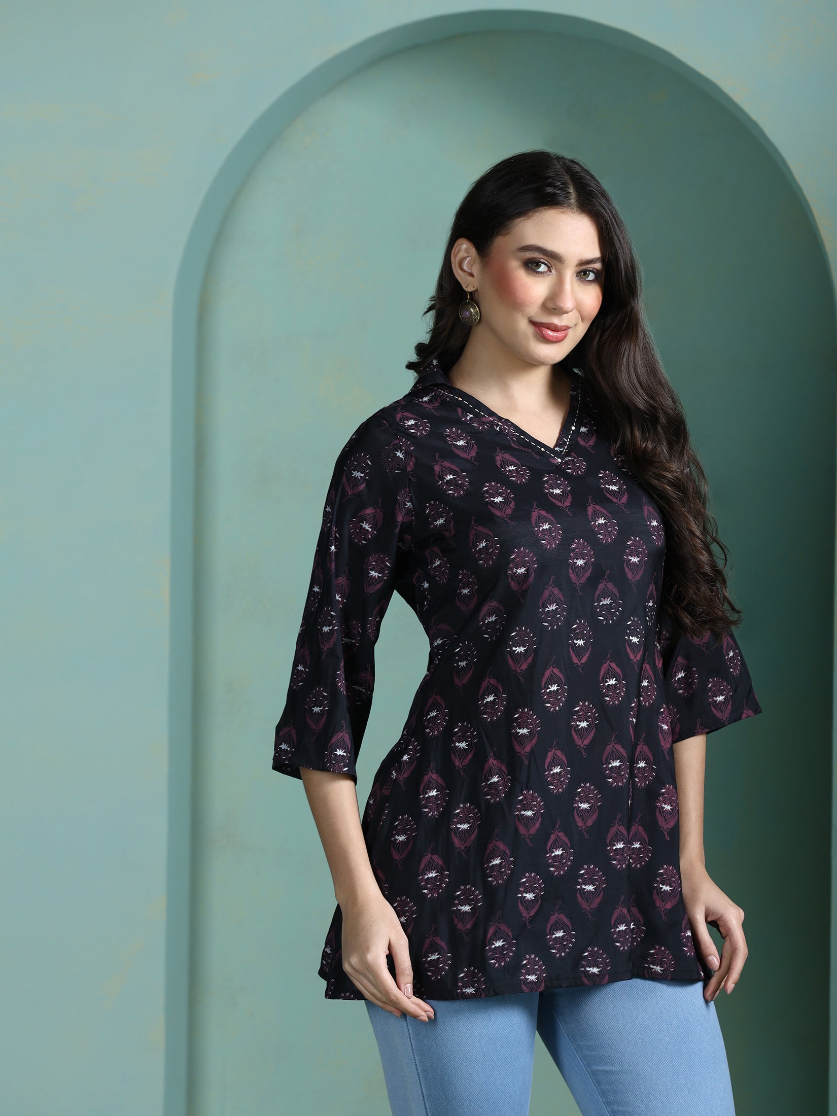 Women Chanderi Black Printed Tunic