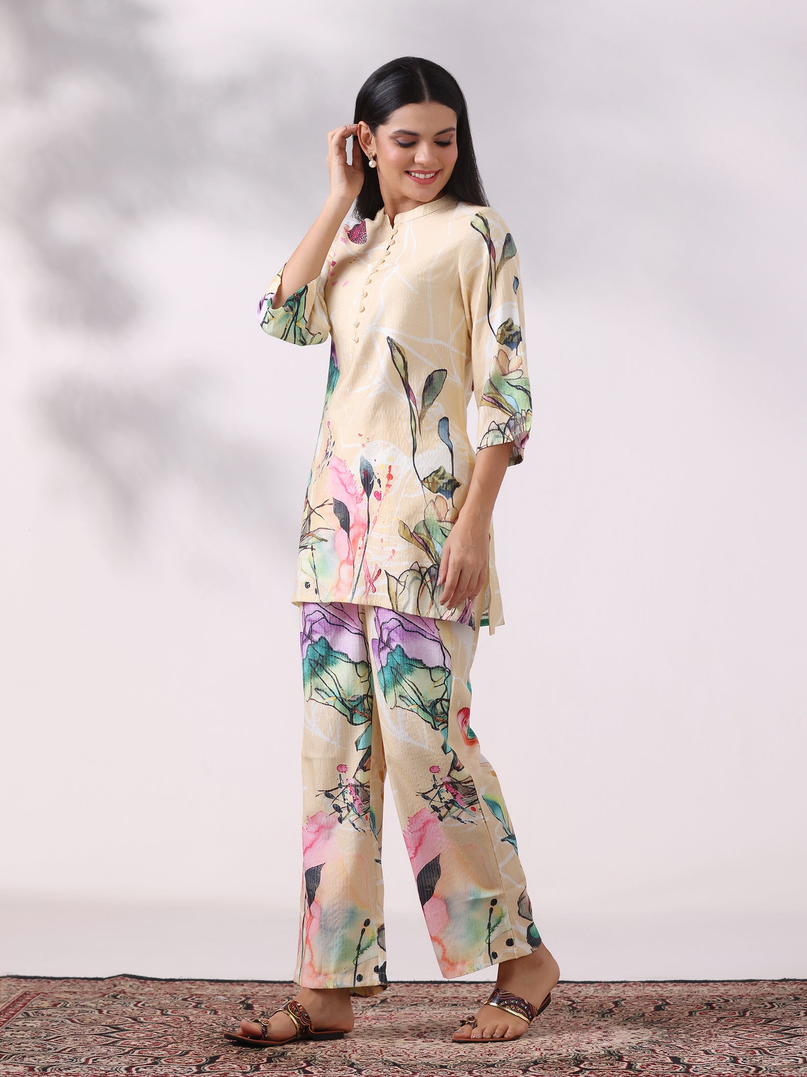 Women Poly Viscose Beige Floral Print Co-Ord Set