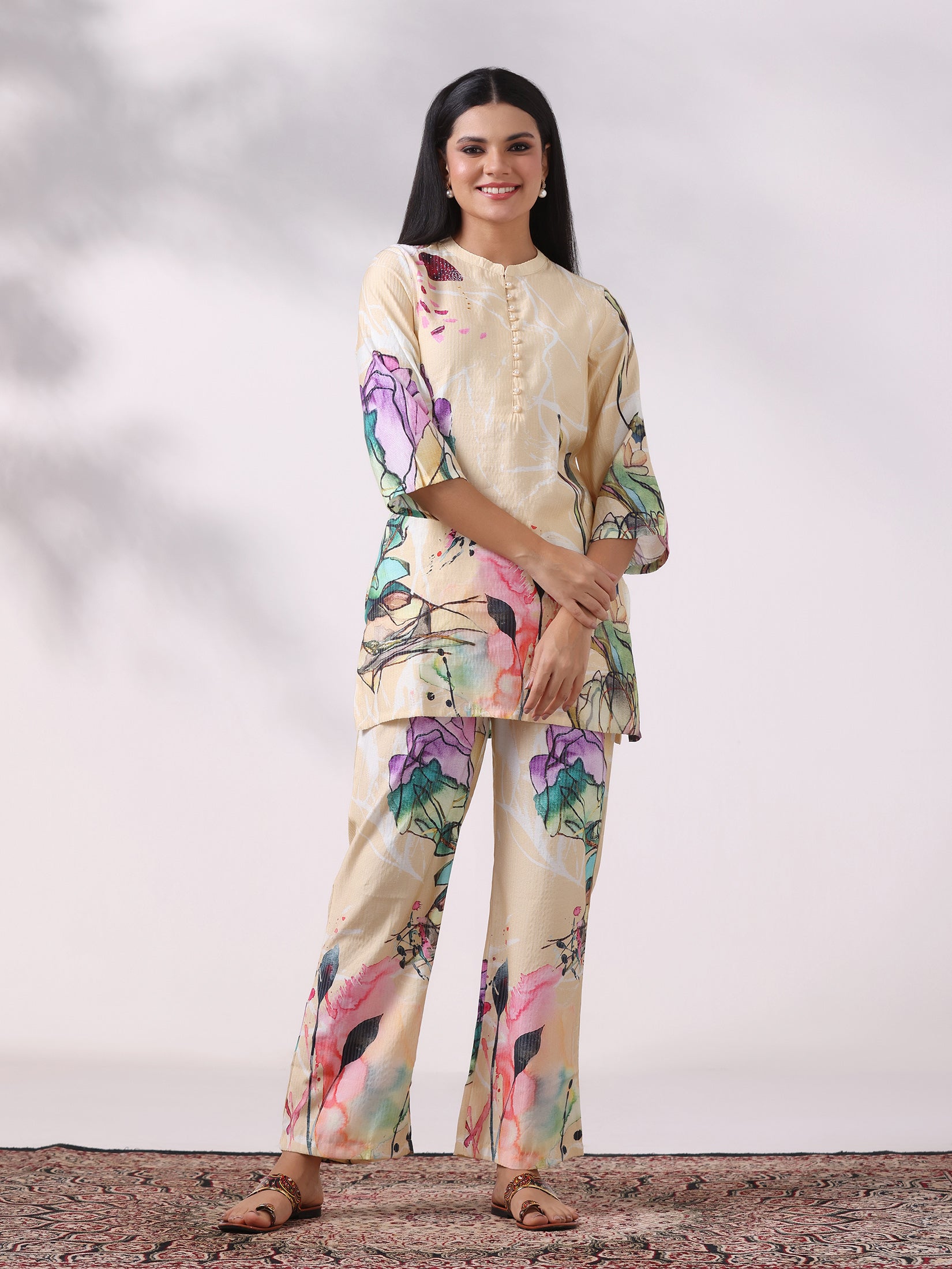 Women Poly Viscose Beige Floral Print Co-Ord Set