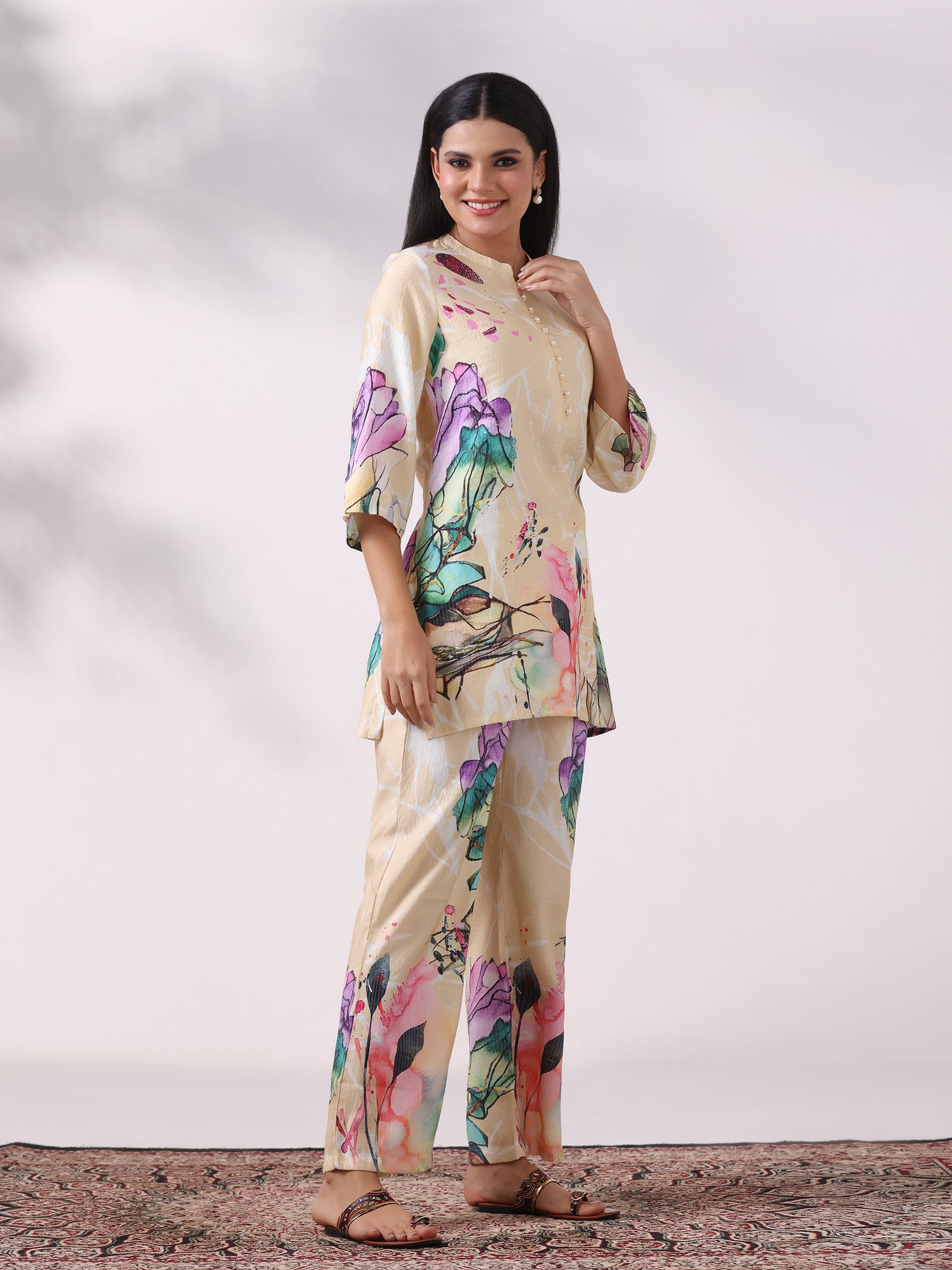 Women Poly Viscose Beige Floral Print Co-Ord Set