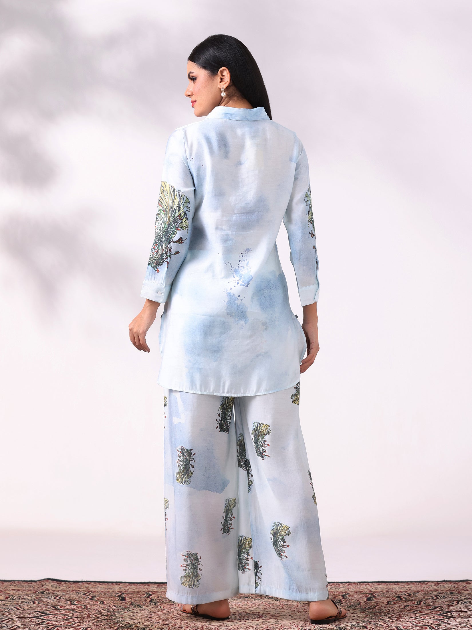Women Chanderi Blue Floral Print Co-Ord Set