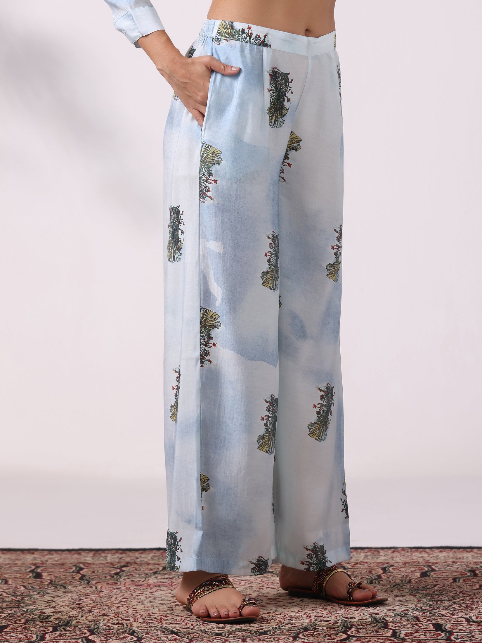 Women Chanderi Blue Floral Print Co-Ord Set