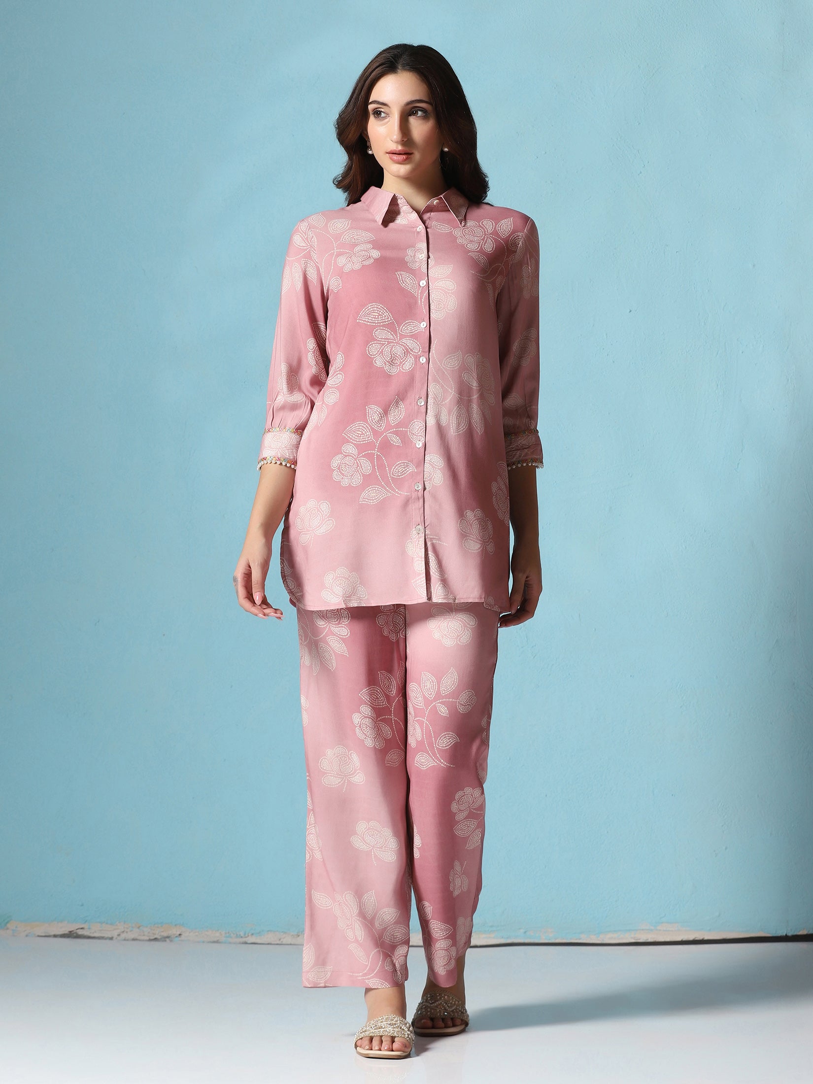 Women Liva Pink Floral Print Co-Ord Set