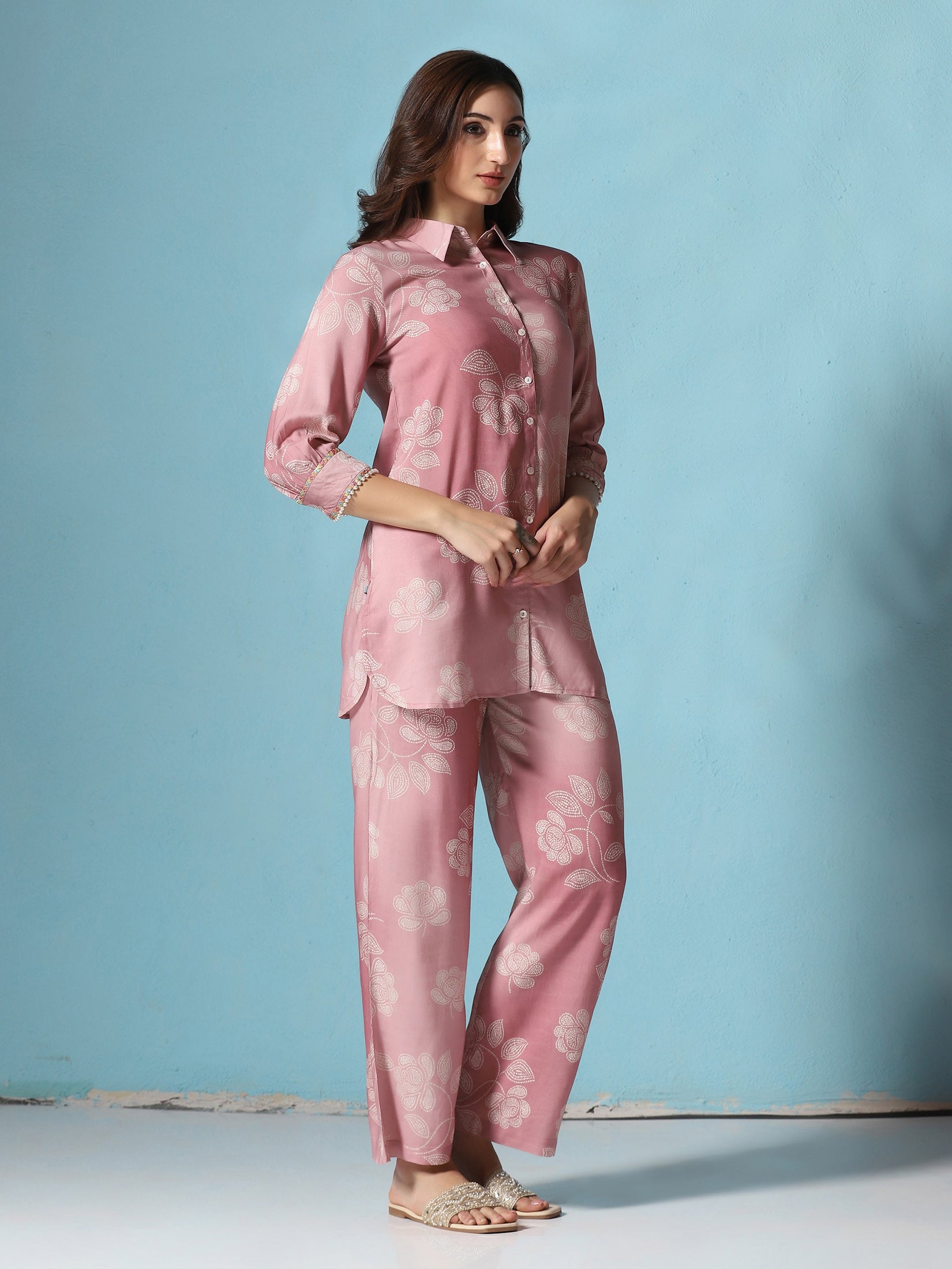 Women Liva Pink Floral Print Co-Ord Set