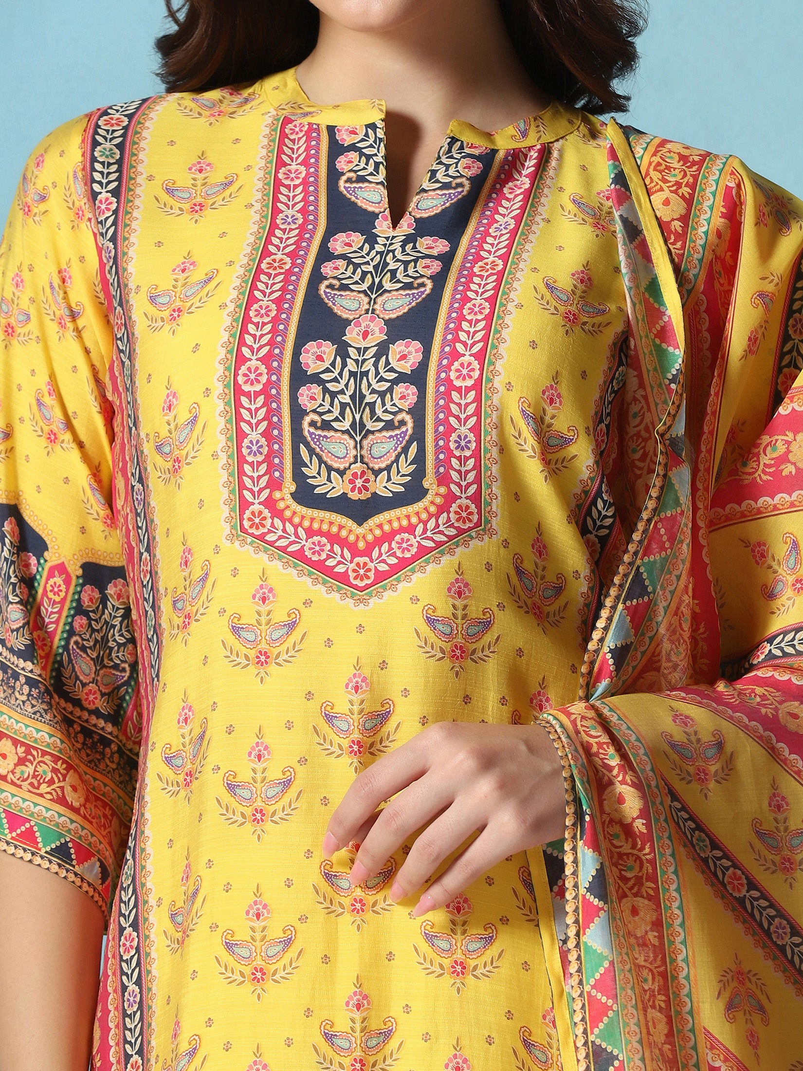 Women Chanderi Yellow Floral Print Kurta Comfort Pant Dupatta