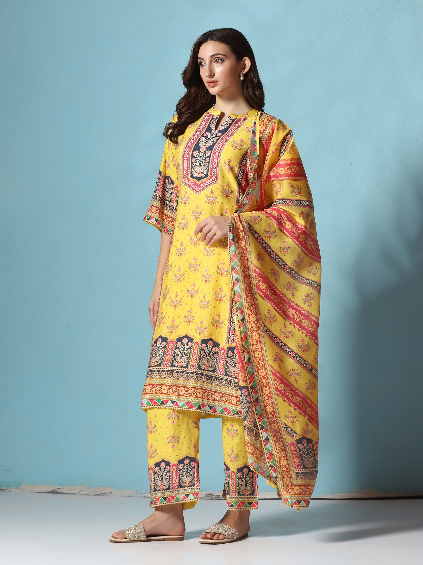 Women Chanderi Yellow Floral Print Kurta Comfort Pant Dupatta