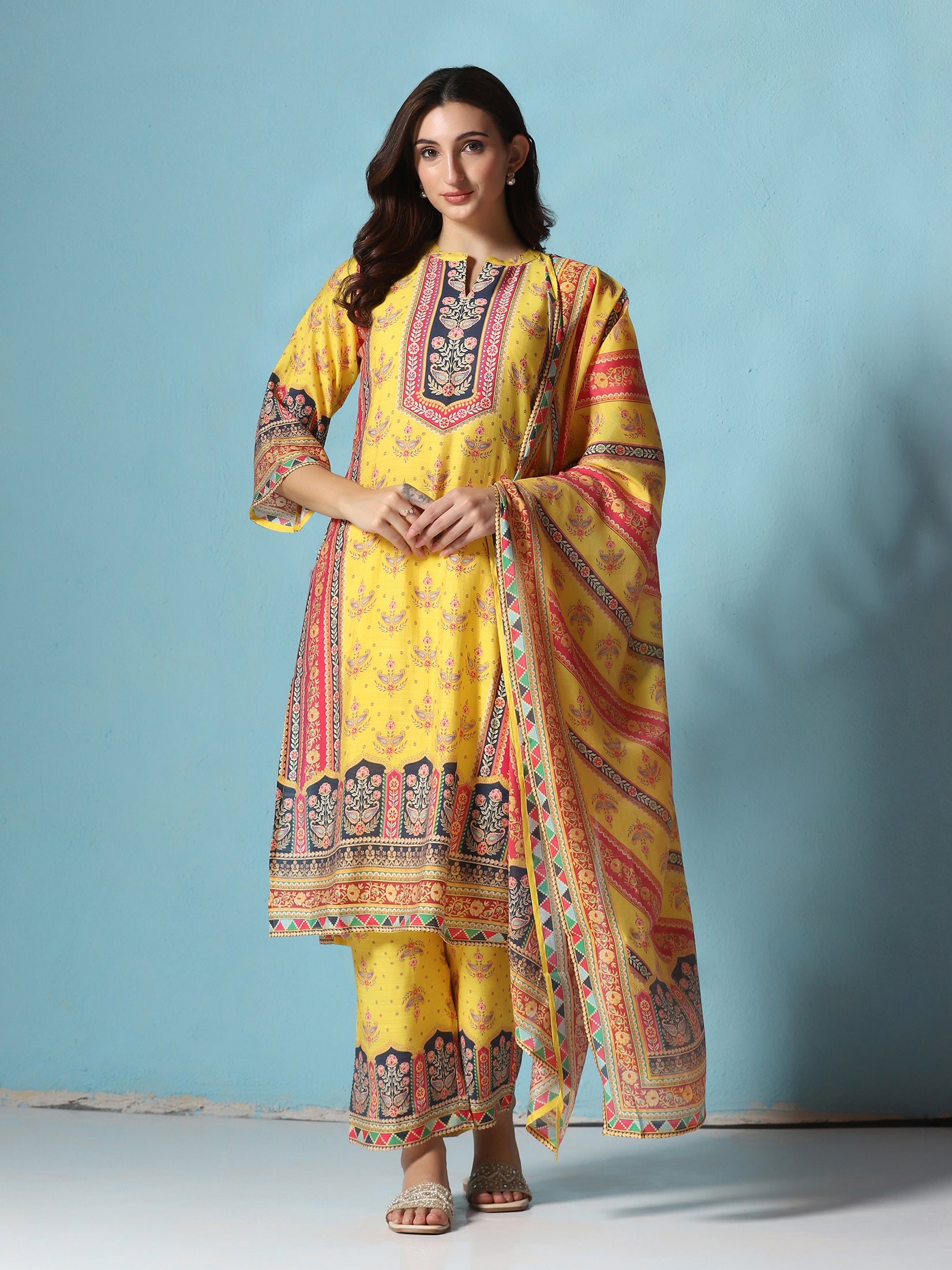 Women Chanderi Yellow Floral Print Kurta Comfort Pant Dupatta