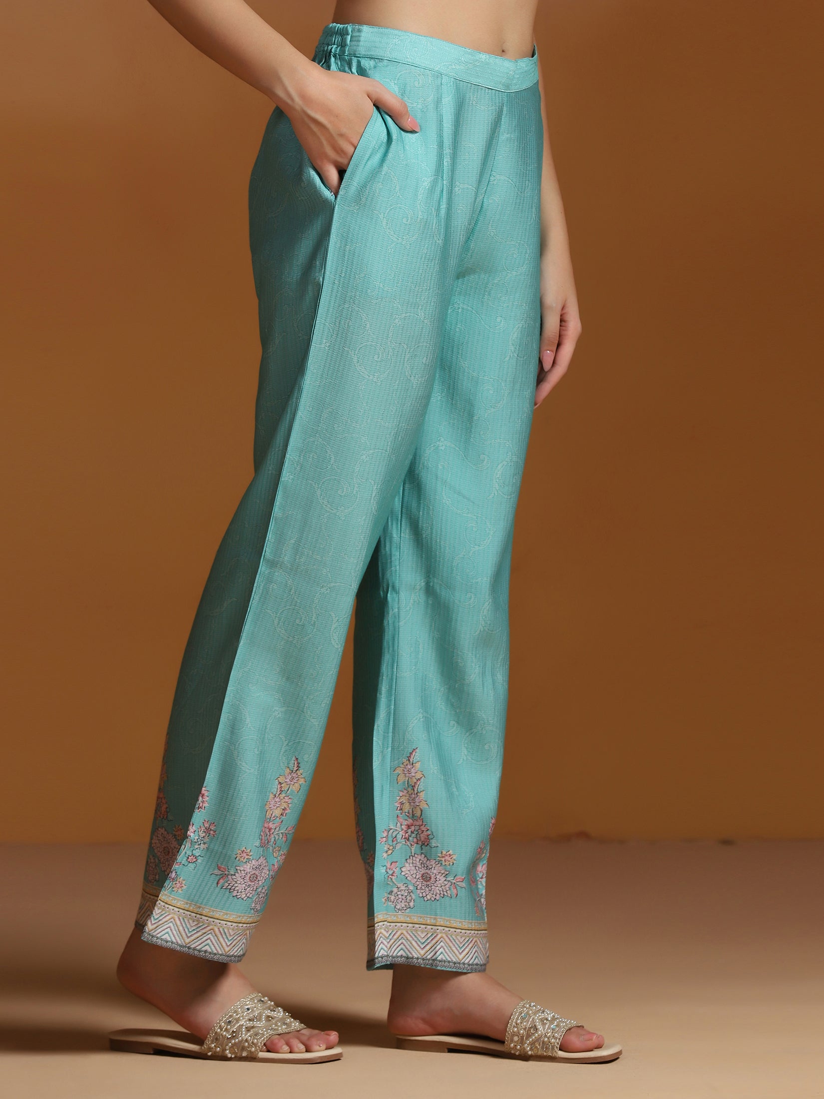 Women Poly Viscose Turquoise Blue Floral Print Kurta Comfort Pant Dupatta