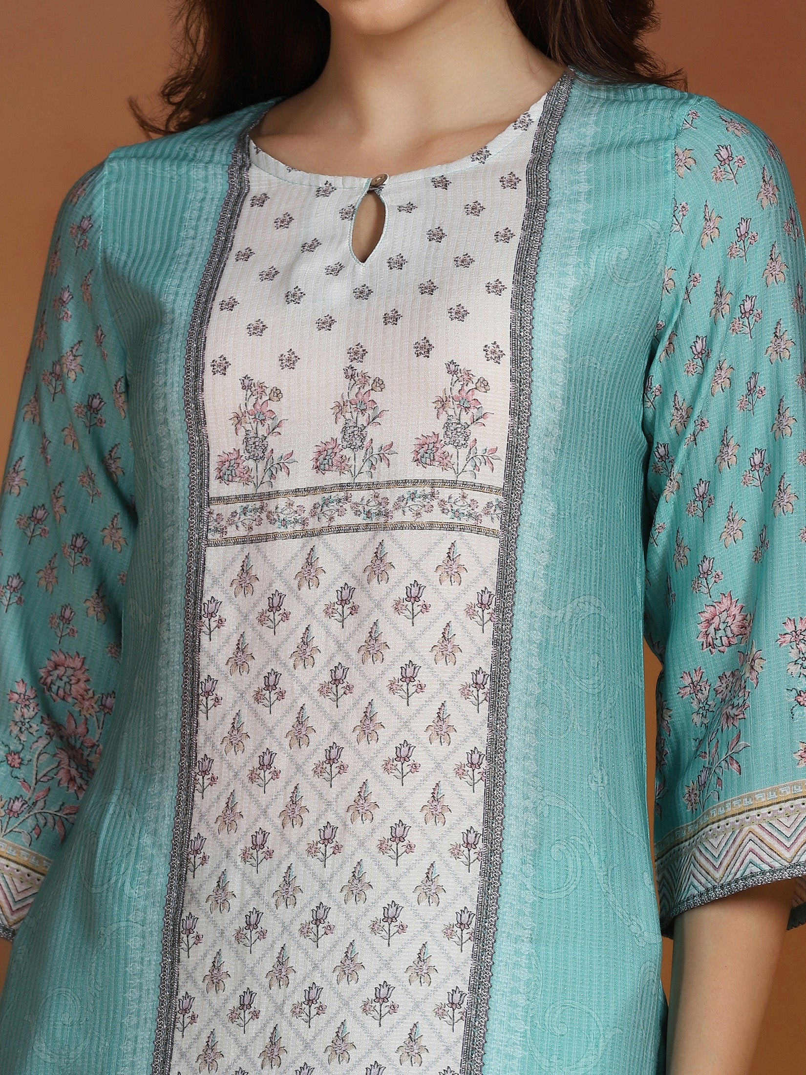 Women Poly Viscose Turquoise Blue Floral Print Kurta Comfort Pant Dupatta