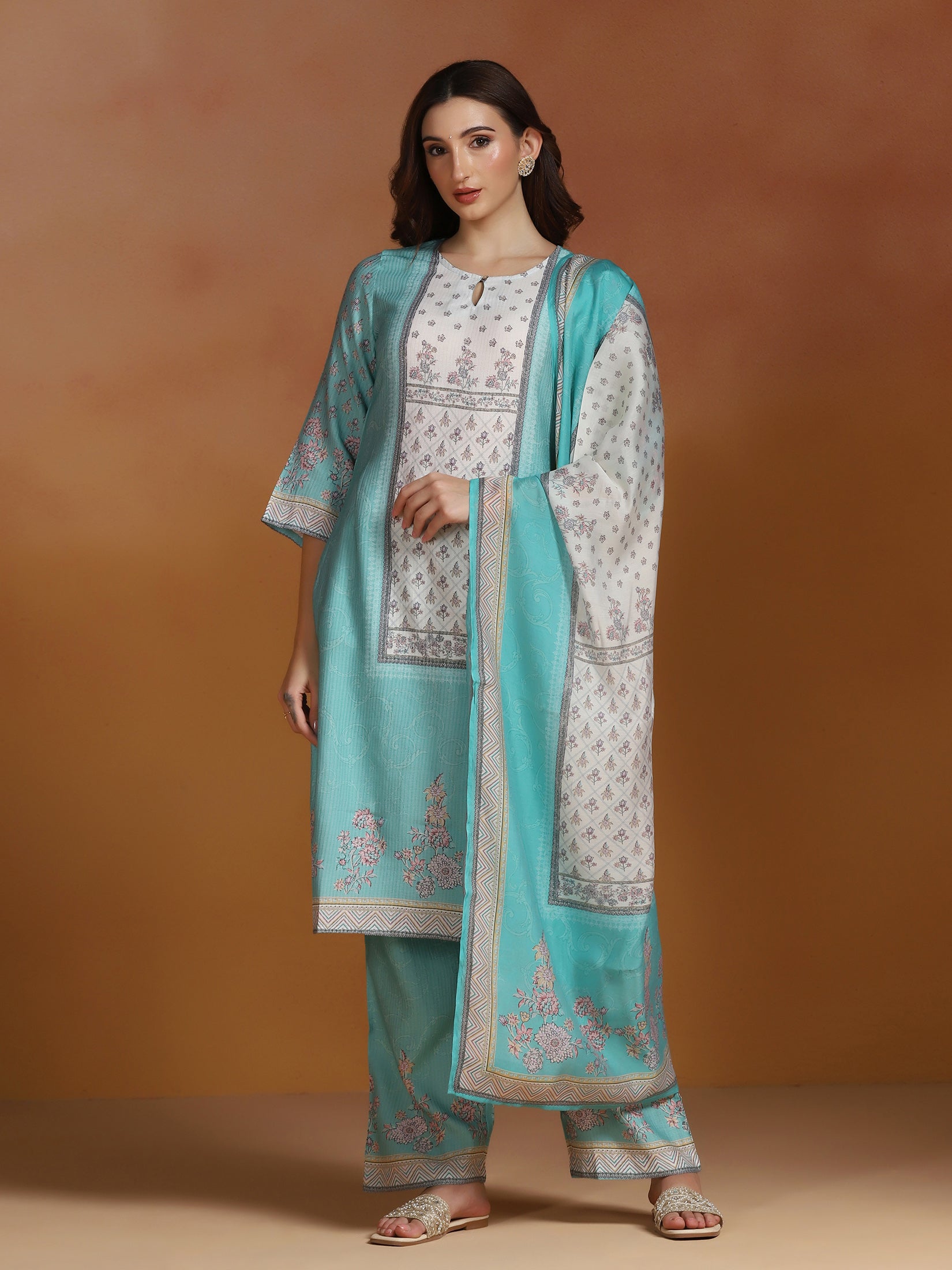 Women Poly Viscose Turquoise Blue Floral Print Kurta Comfort Pant Dupatta