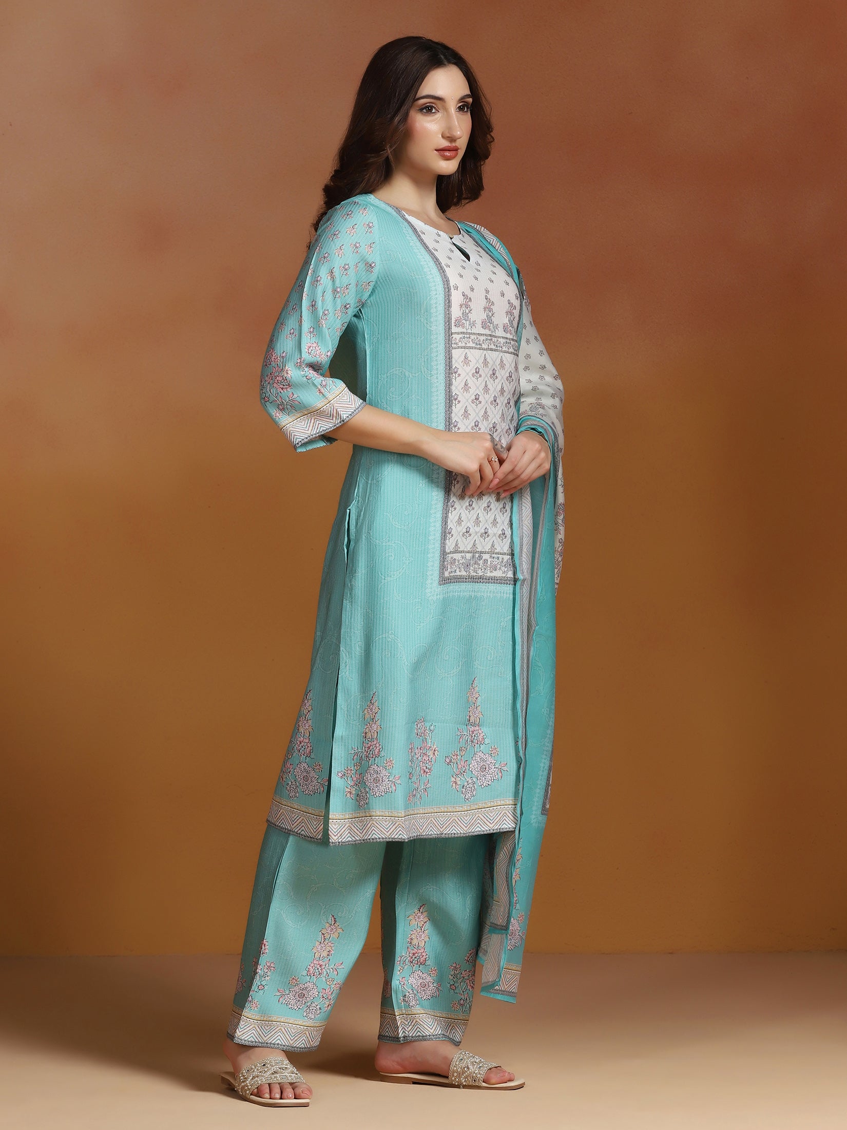 Women Poly Viscose Turquoise Blue Floral Print Kurta Comfort Pant Dupatta