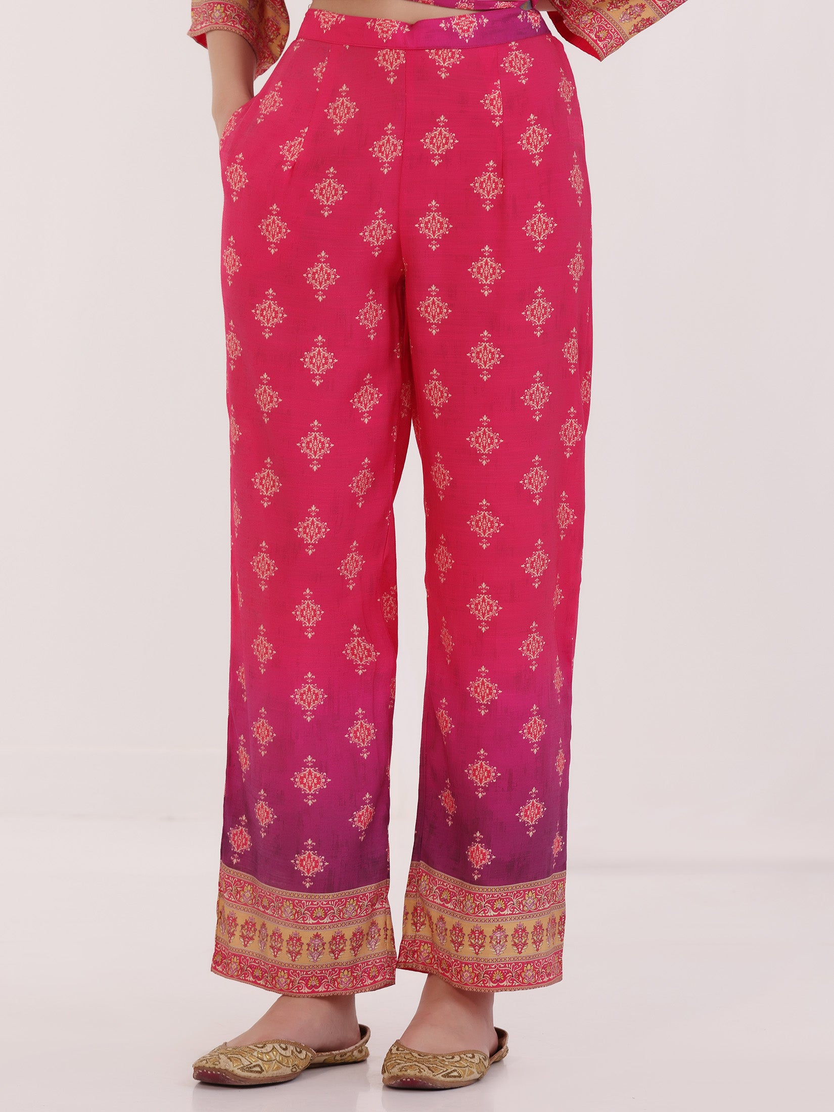 Women Poly Viscose Fuchsia Floral Print Kurta Comfort Pant Dupatta