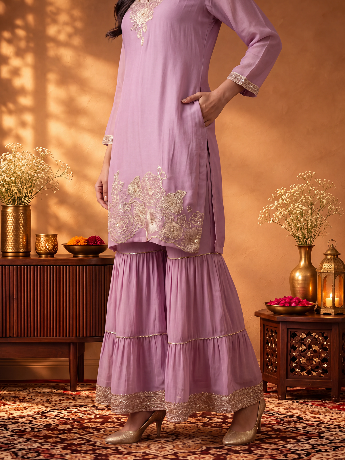 Women Onion Pink Embroidered Kurta Sharara Dupatta