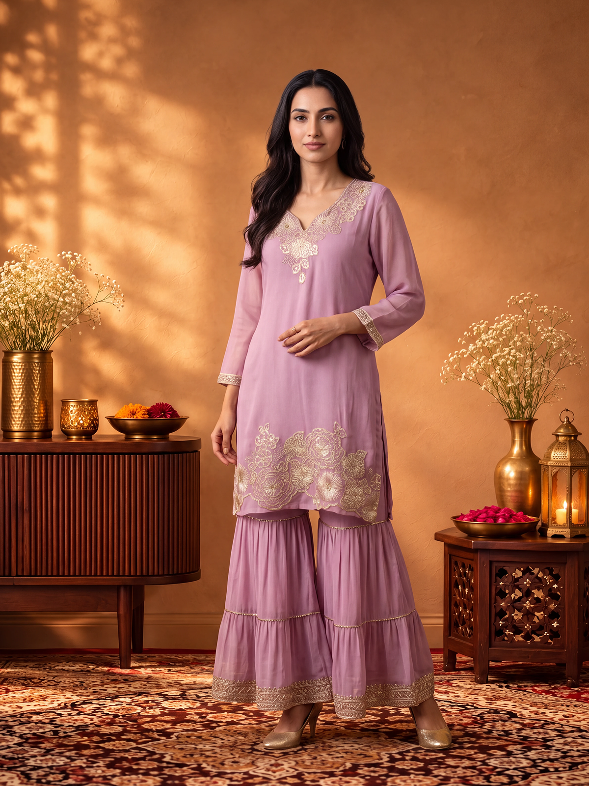 Women Onion Pink Embroidered Kurta Sharara Dupatta
