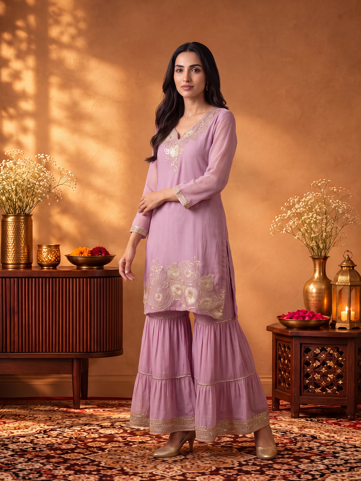 Women Onion Pink Embroidered Kurta Sharara Dupatta