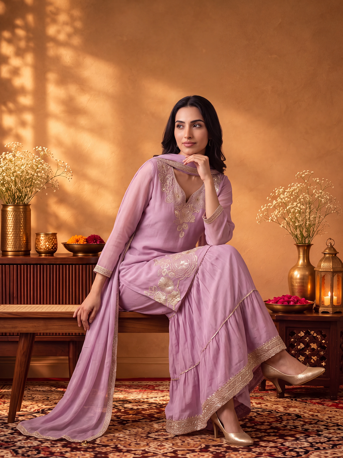 Women Onion Pink Embroidered Kurta Sharara Dupatta