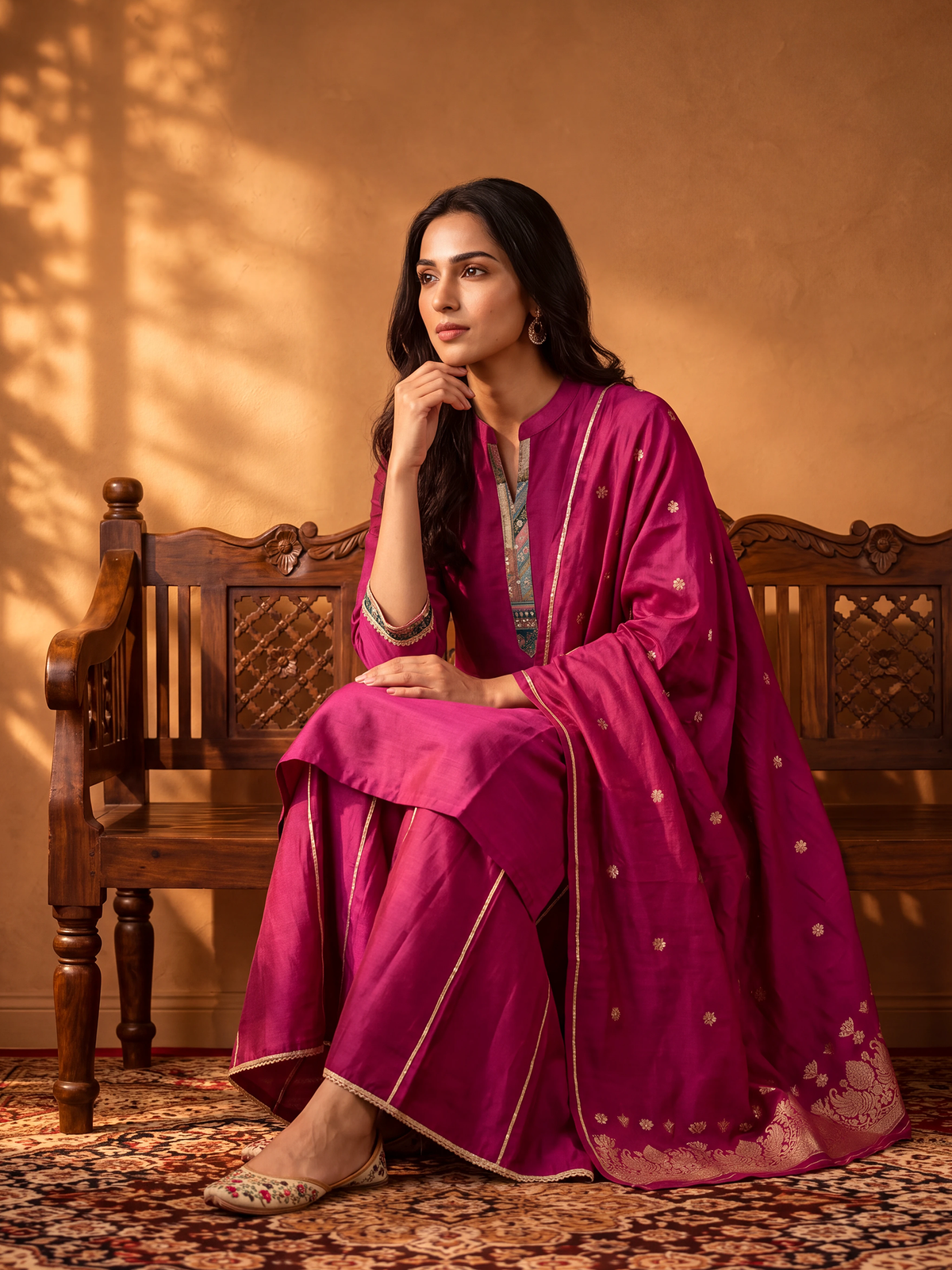 Women Fuchsia Solid Kurta Sharara Dupatta