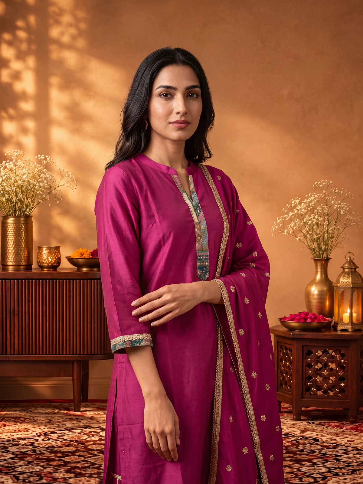 Women Fuchsia Solid Kurta Sharara Dupatta