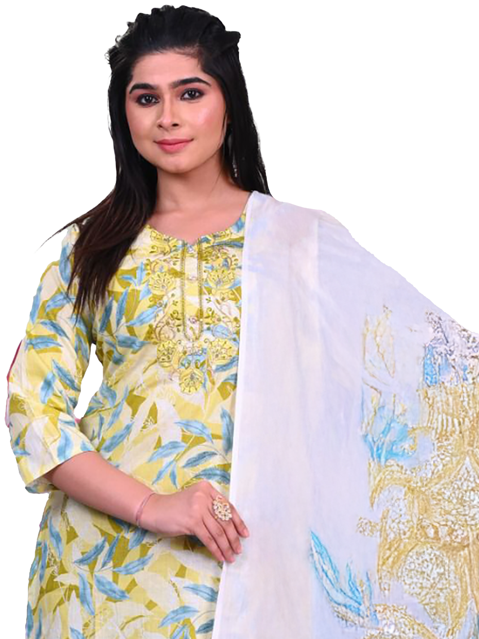 Indiessence Women Yellow Embroidered Cotton Kurta Comfort Pant Dupatta