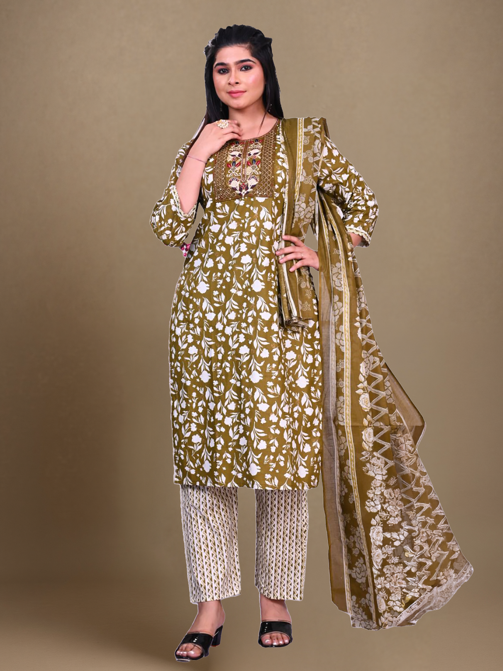 Indiessence Women Cotton Olive Embroidered Kurta Comfort Pant Dupatta