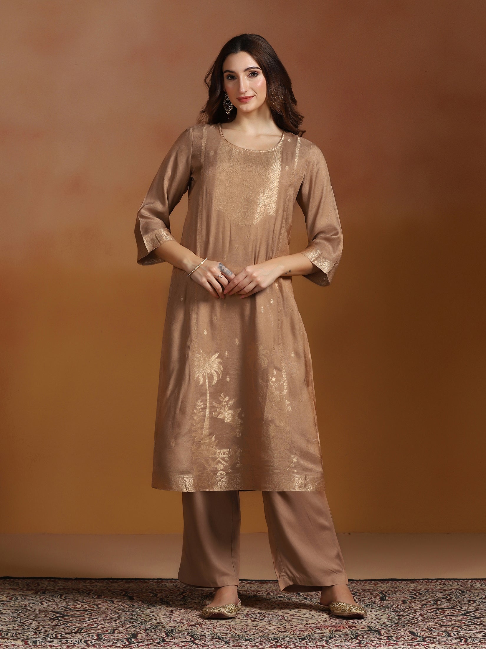Women Viscose Jacquard Brown Kurta Comfort Pant Dupatta
