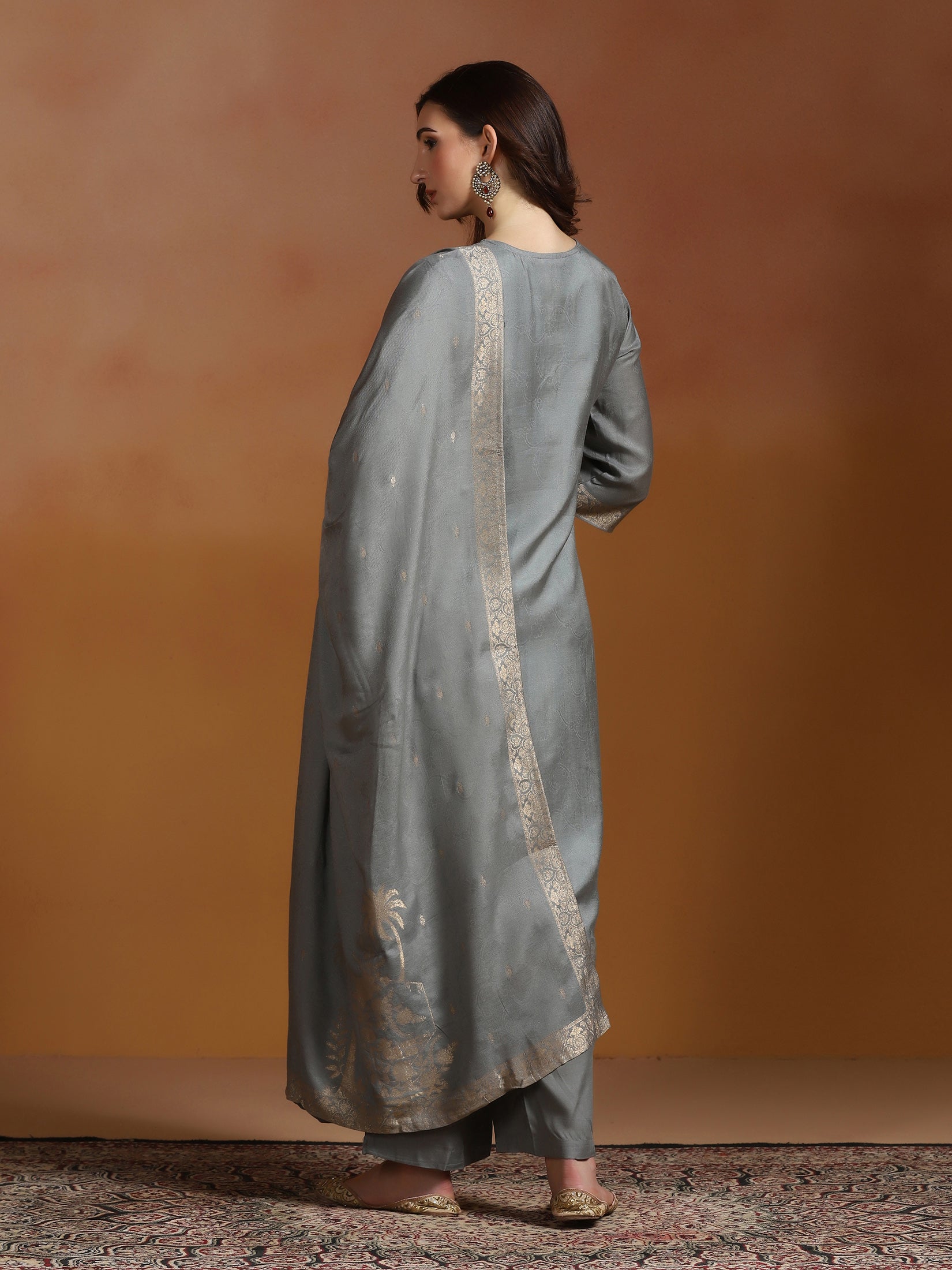 Women Viscose Jacquard Steel Blue Kurta Comfort Pant Dupatta