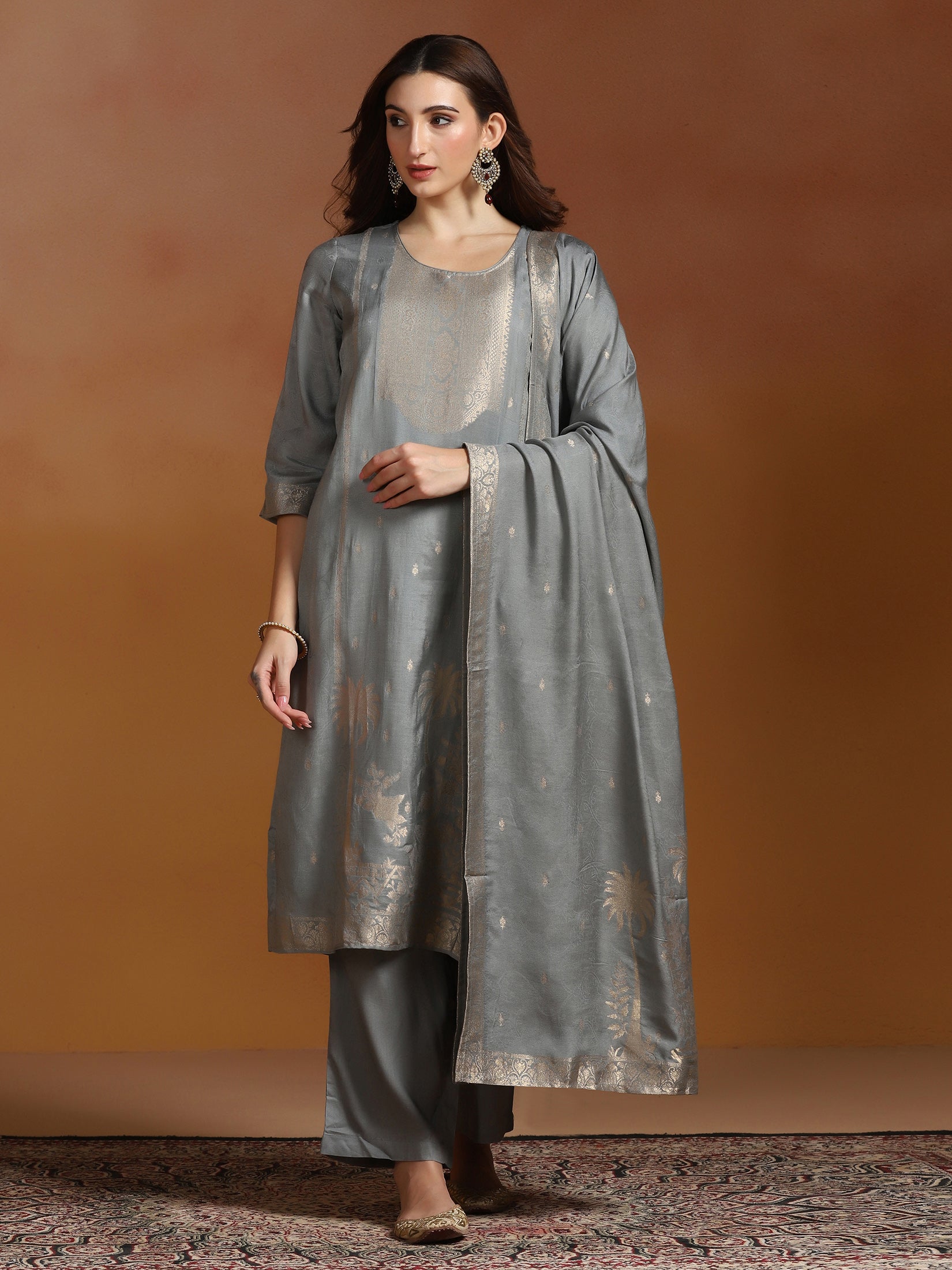 Women Viscose Jacquard Steel Blue Kurta Comfort Pant Dupatta