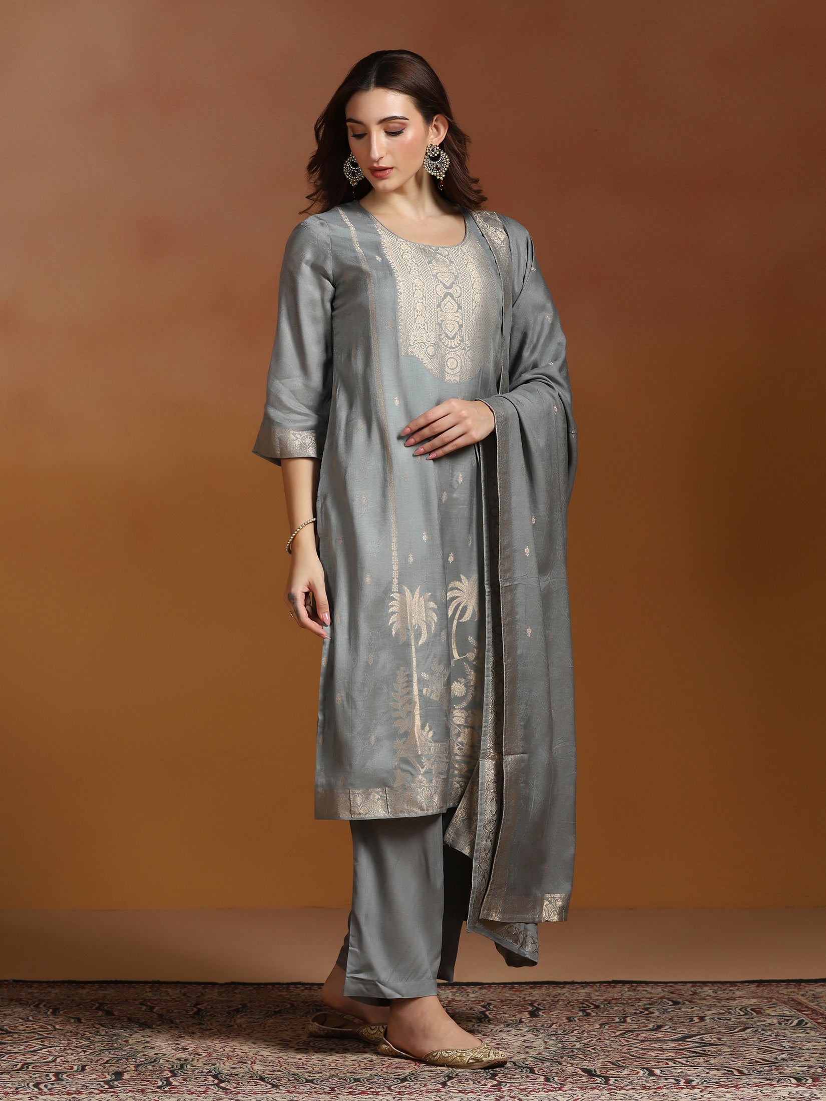 Women Viscose Jacquard Steel Blue Kurta Comfort Pant Dupatta