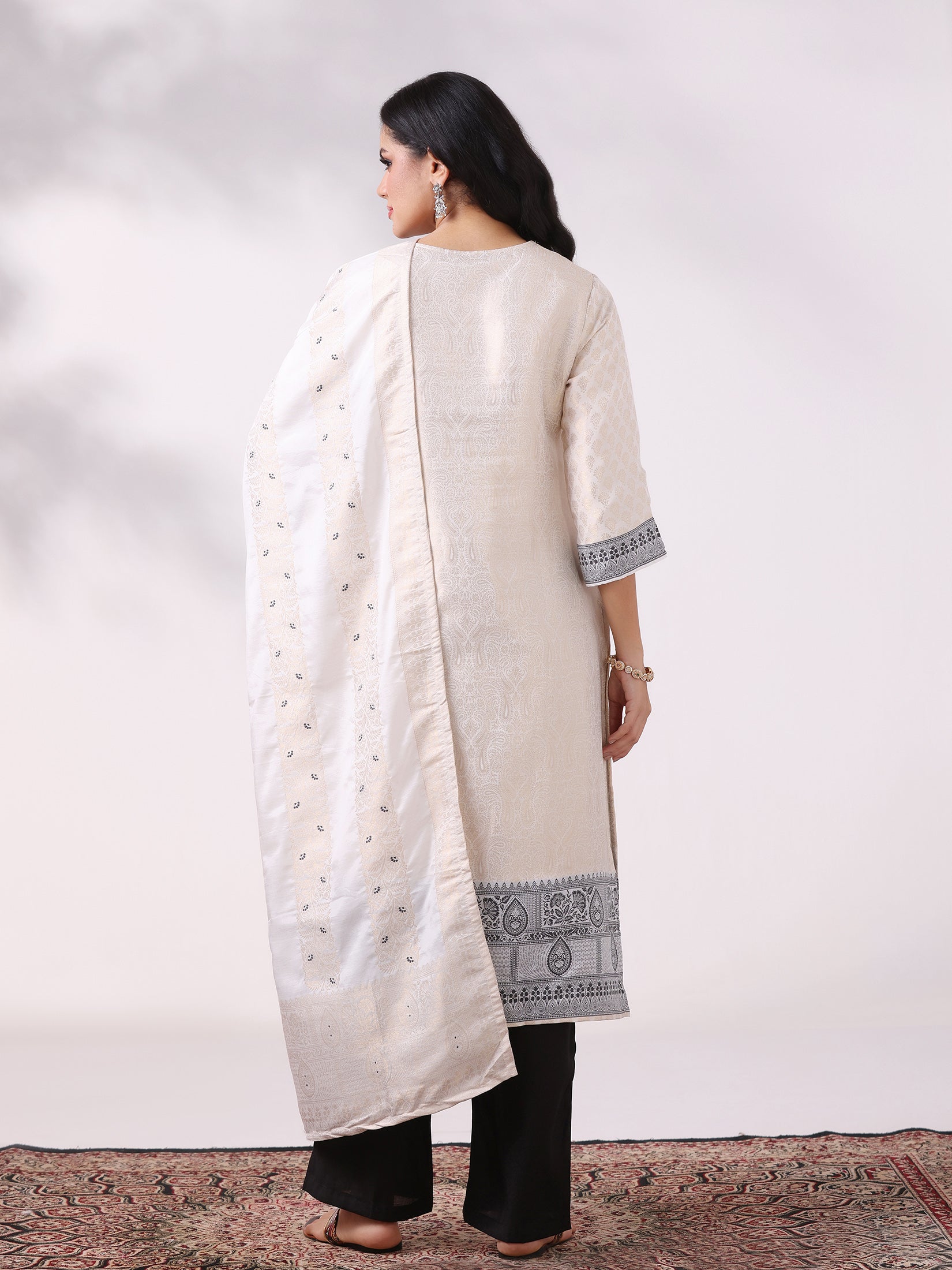 Women Viscose Jacquard Off White and Black Woven Kurta Comfort Pant Dupatta