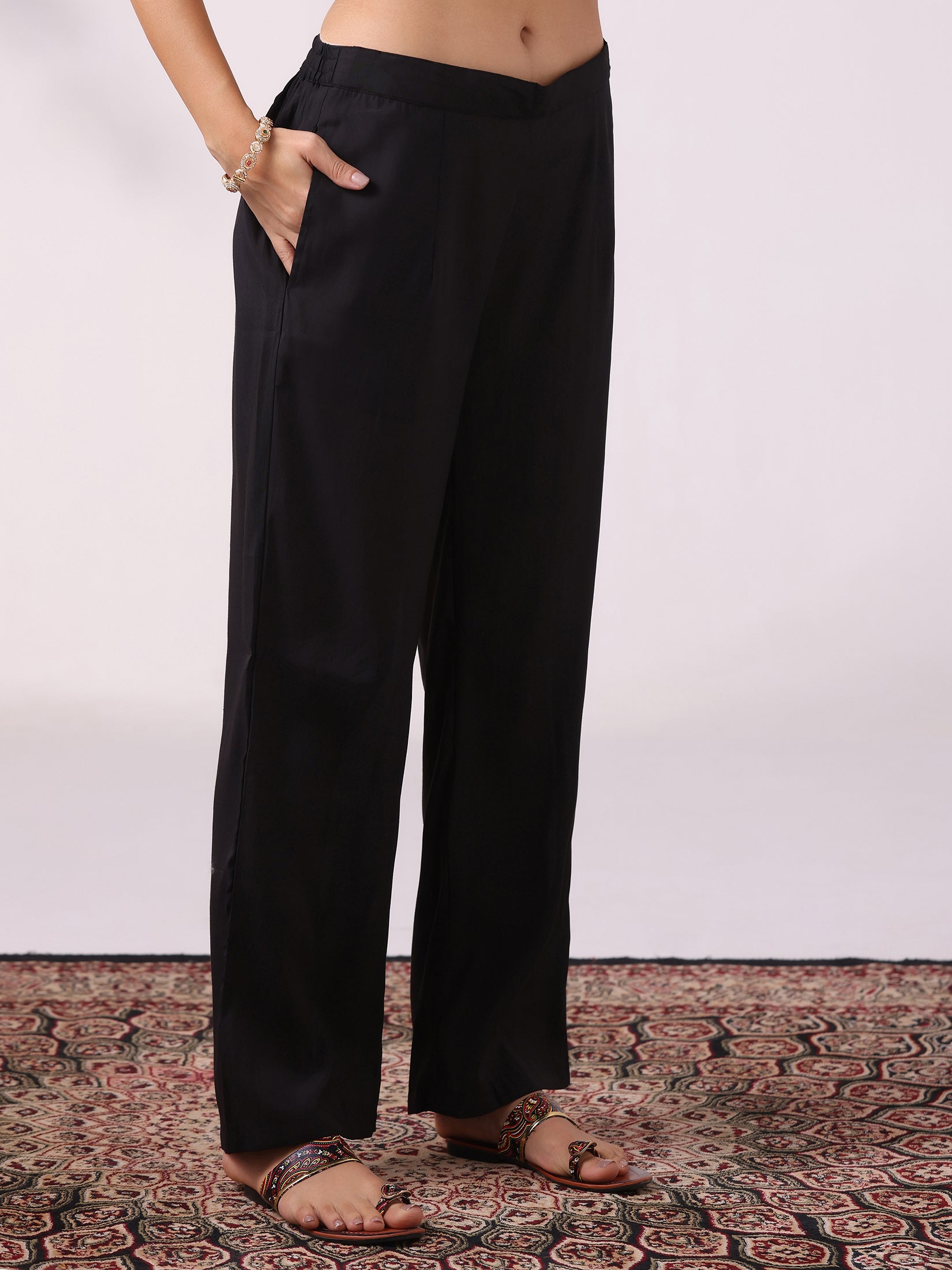 Women Viscose Jacquard Off White and Black Woven Kurta Comfort Pant Dupatta