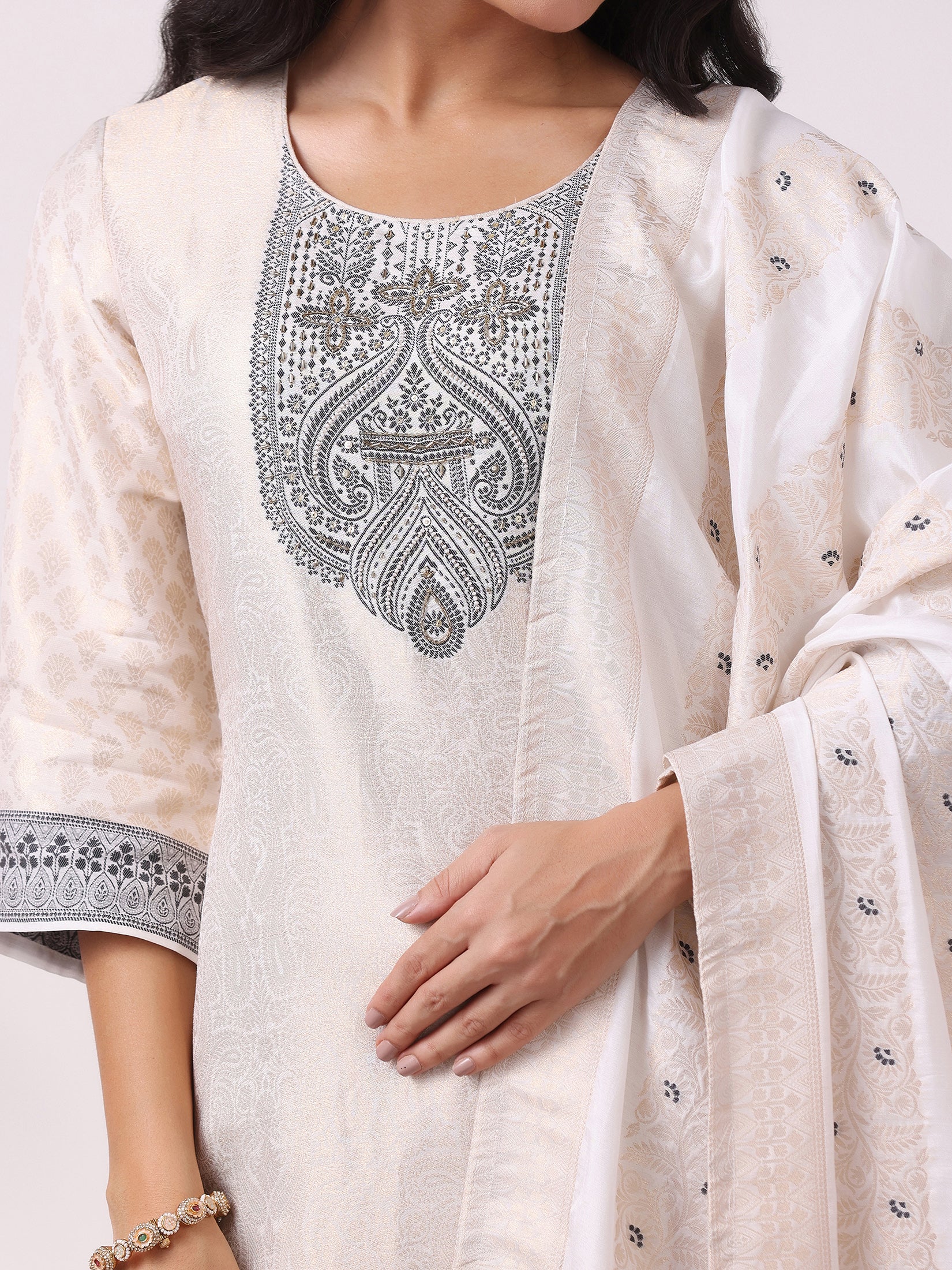 Women Viscose Jacquard Off White and Black Woven Kurta Comfort Pant Dupatta