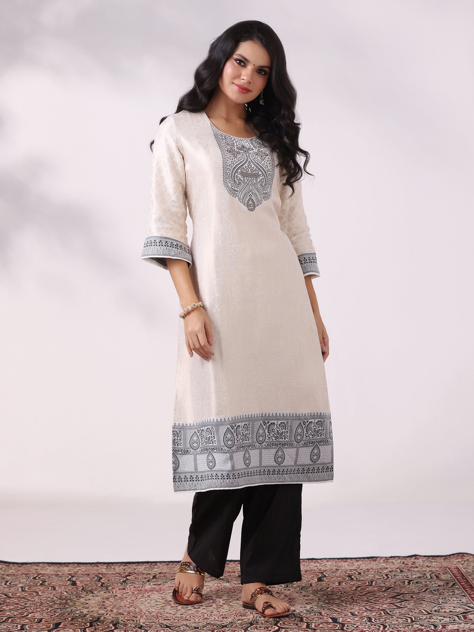 Women Viscose Jacquard Off White and Black Woven Kurta Comfort Pant Dupatta