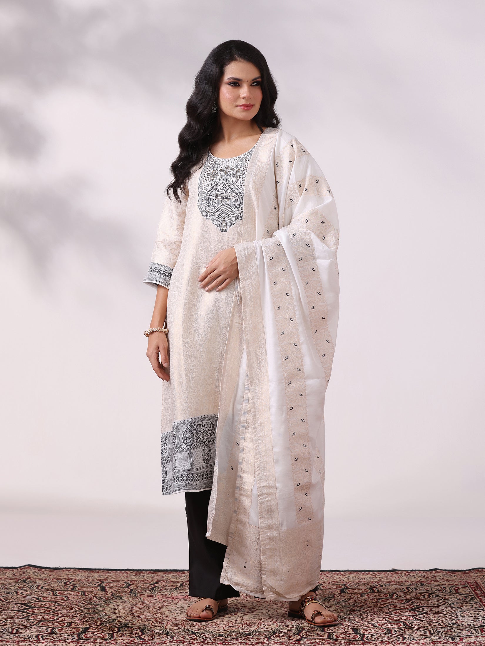 Women Viscose Jacquard Off White and Black Woven Kurta Comfort Pant Dupatta