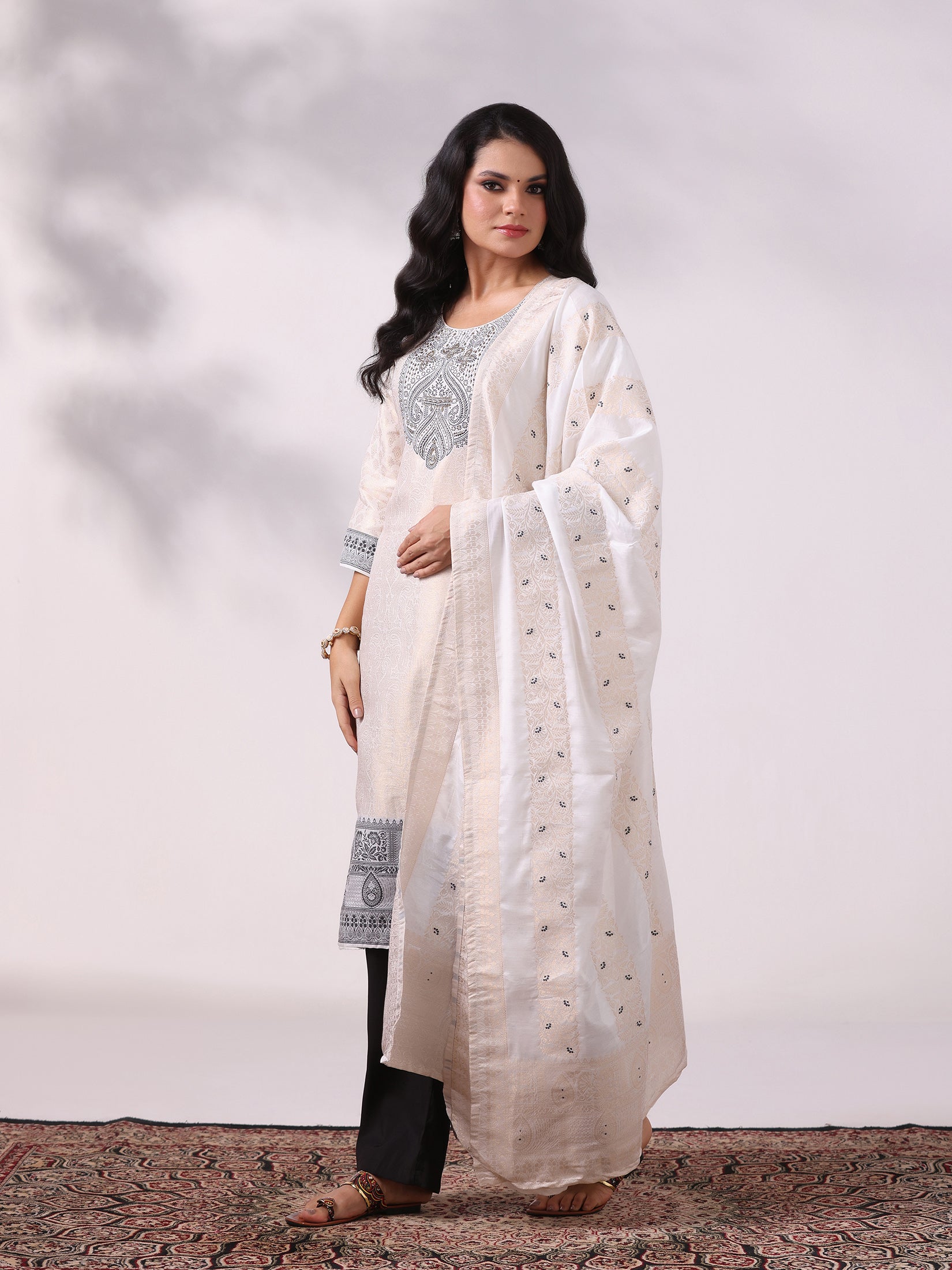 Women Viscose Jacquard Off White and Black Woven Kurta Comfort Pant Dupatta