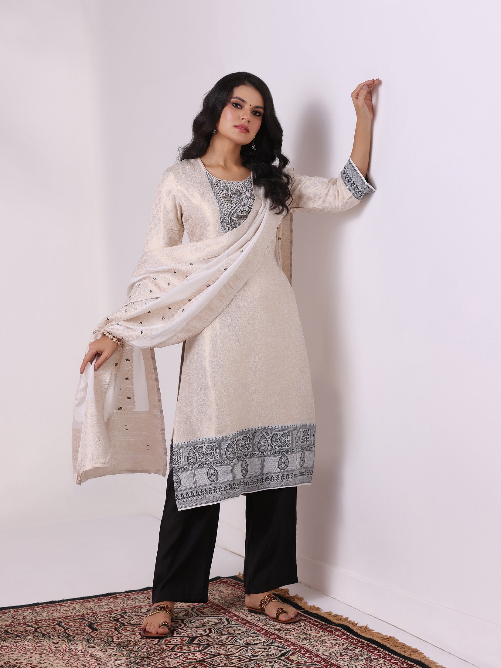 Women Viscose Jacquard Off White and Black Woven Kurta Comfort Pant Dupatta