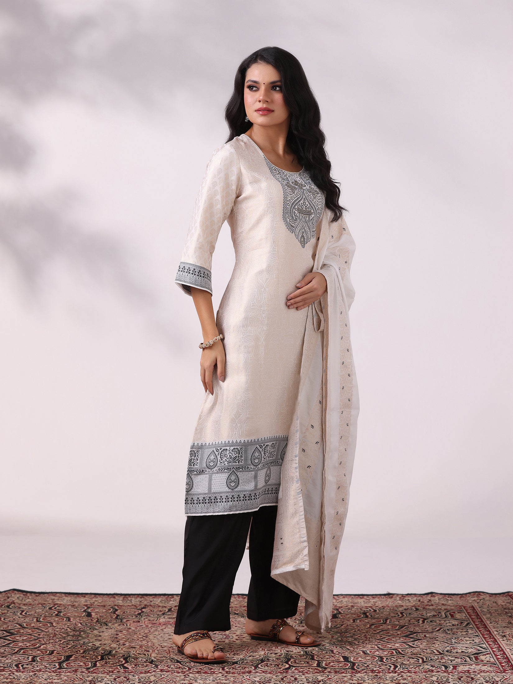 Women Viscose Jacquard Off White and Black Woven Kurta Comfort Pant Dupatta